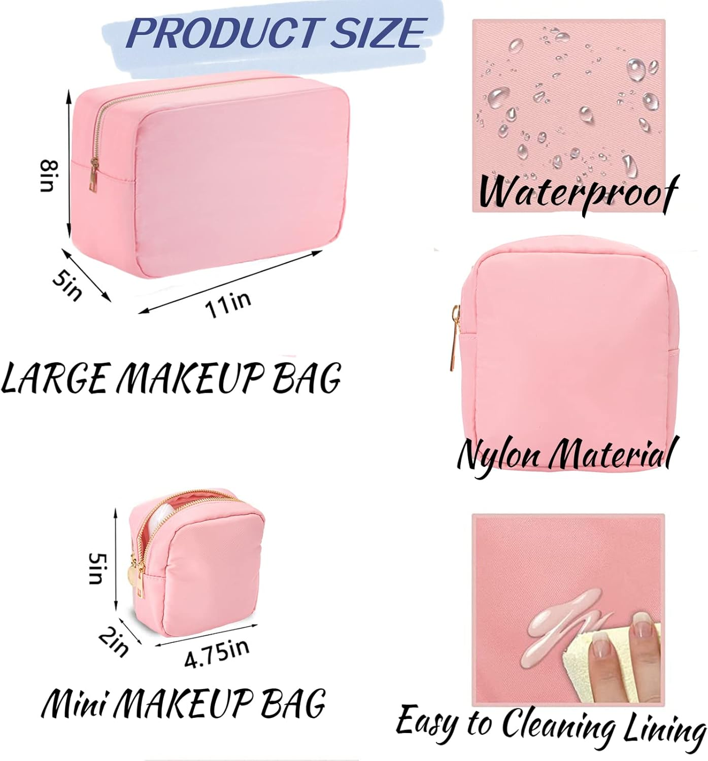 Makeup Bag Travel Bag Pouch, Preppy Small Makeup Bag Zipper Pouch Purse Mini Nylon Cosmetic Storage Bag Cute Toiletry Organizer Bag, Large Womens Make up Bags, Pink, MINI, Preppy Makeup Bag image number 2