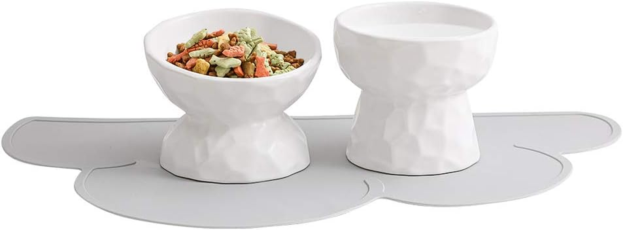 White Ceramic Cat Food and Water Bowl Set,Cat Food Dish with Stand,Elevated Cat Bowls,Raised Cat Food Bowls anti Vomiting,Pet Bowl with anti Slip Mat,Stress Free for Cats and Small Dogs image number 3