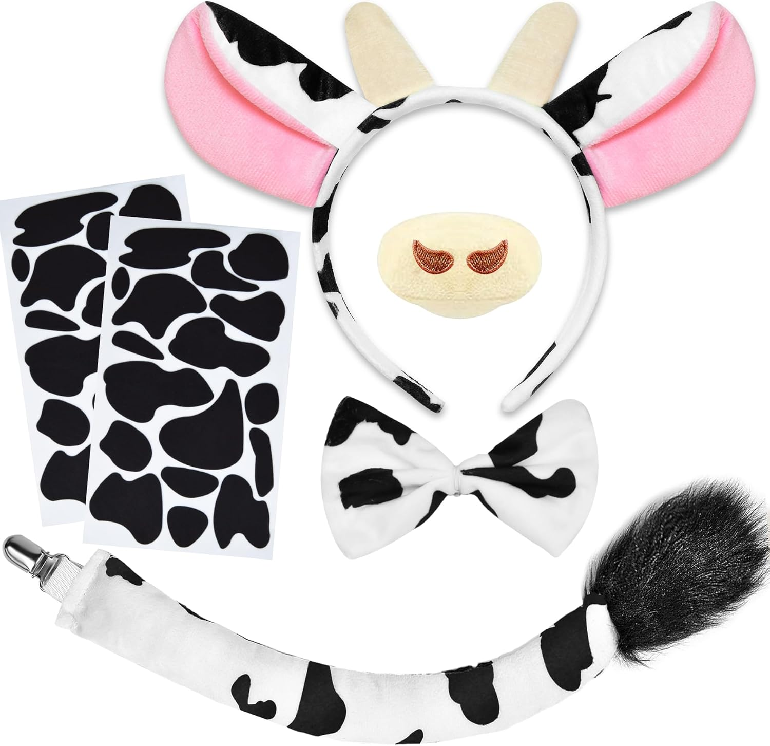 U-Zomir Cow Costume Set, Cow Ears Headband Nose Bow Tie Tail and 51Pcs Adhesive Felt Pads for Halloween Cosplay DIY Dress Up