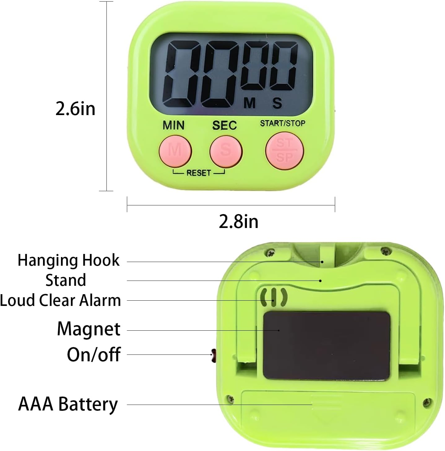 Kitchen Timer, Digital Classroom Timer, Stopwatch, Suitable for Kitchen, Study, Work, Exercise Training, Outdoor Activities (6P Green) image number 3
