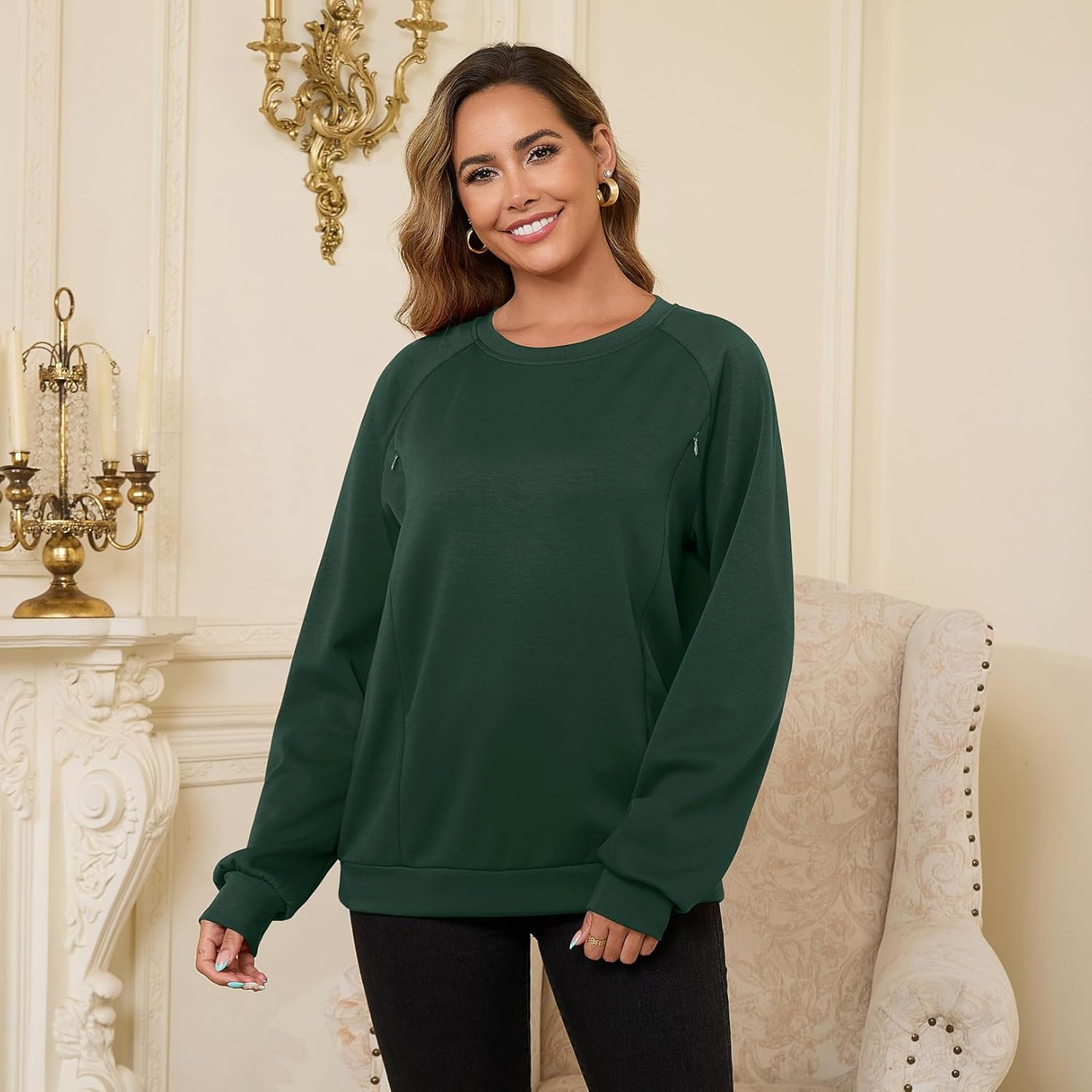 DEBELLY Nursing Friendly Sweatshirt for Breastfeeding Women Dual Zippers Nursing Top Long Sleeve Crew Neck Casual Wear image number 4