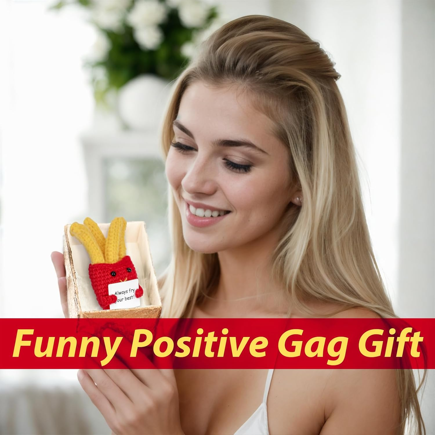 Funny Positive French Fries Cute Crochet Toy with Positive Card Cheer up Funny Gag Gifts for Best Friend Birthday Housewarming Women Teacher Fall (French Fries) image number 2