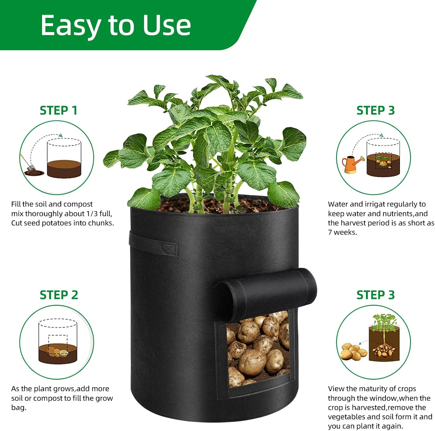 6 Pack Potato Grow Bags, 10 Gallon Planting Bags Large Fabric Pots with Flap Window Vegetable Planter Garden Pot Tall Potato Growing Containers with Handles for Vegetables, Fruits, Black + Grey
