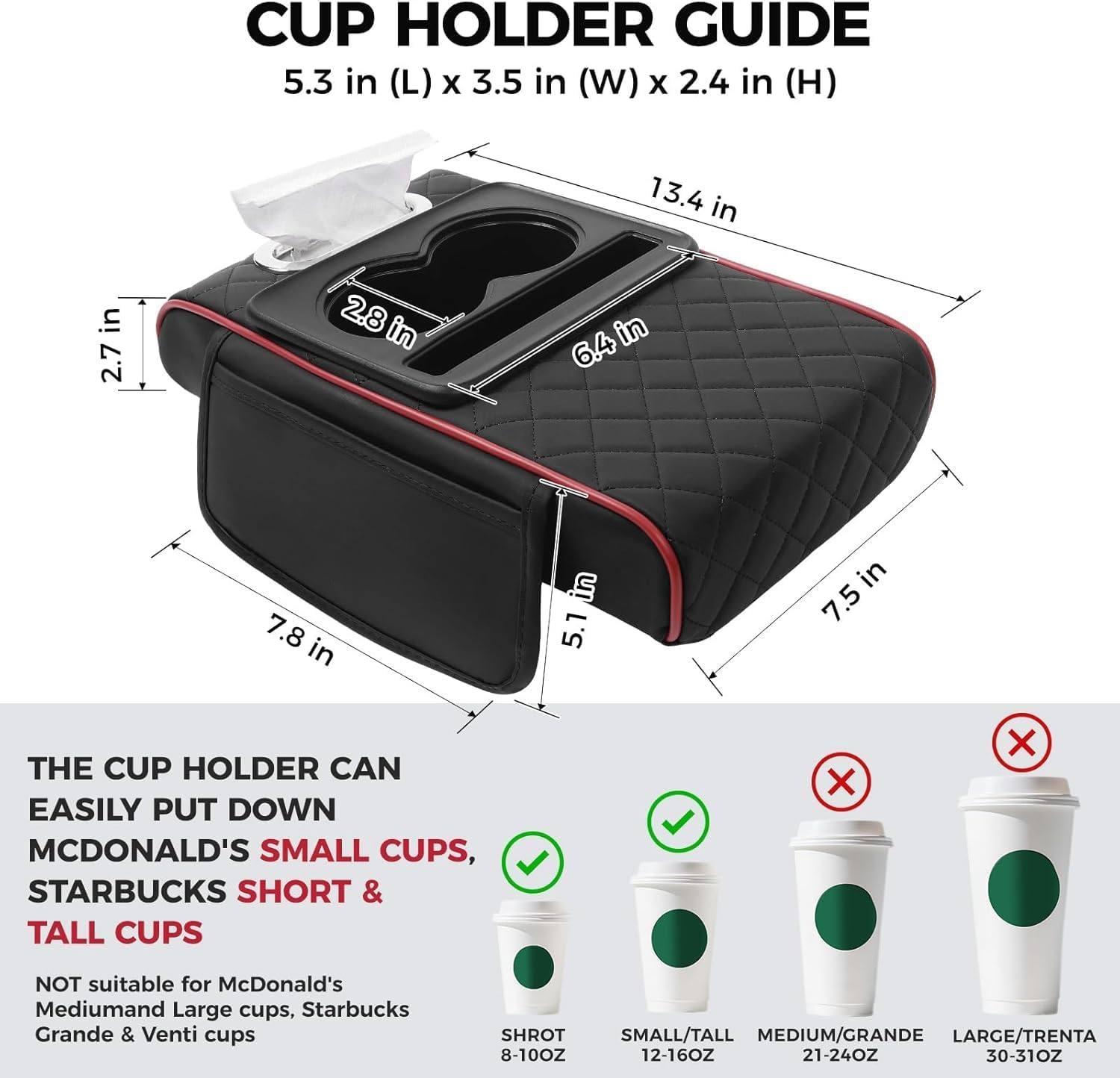 Upgraded Car Centre Console Cover, Universal Leather Memory Foam Armrest with Organizer with 2 Storage Bags, 2 Cup Holder and Tissue Box for Car, Suvs Black with Red Trim image number 5