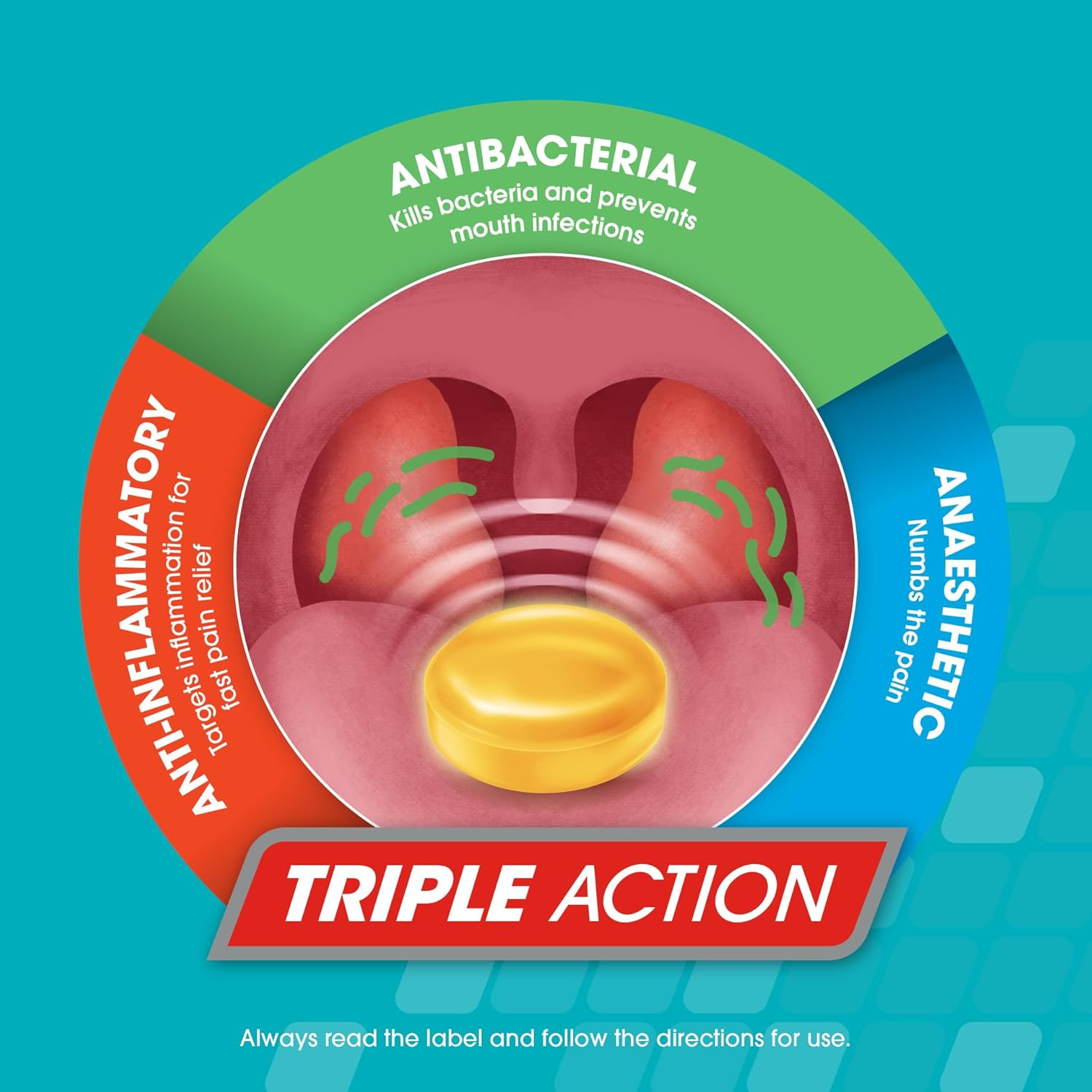 Difflam plus Anaesthetic Sore Throat Triple Action Lozenges, Berry (Pack of 64) image number 2