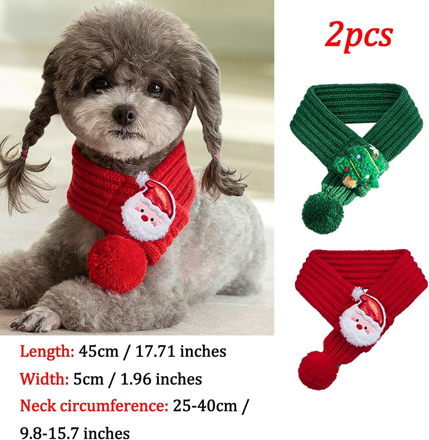 BSITSSS 2 Pieces Cat Dog Christmas Outfit, Santa Christmas Tree Cat Dog Scarf Knitted, Green and Red Pet Scarf Costume with Fuzzy Pompom for Xmas Winter Pet Puppy Kitten Costume Accessories image number 6