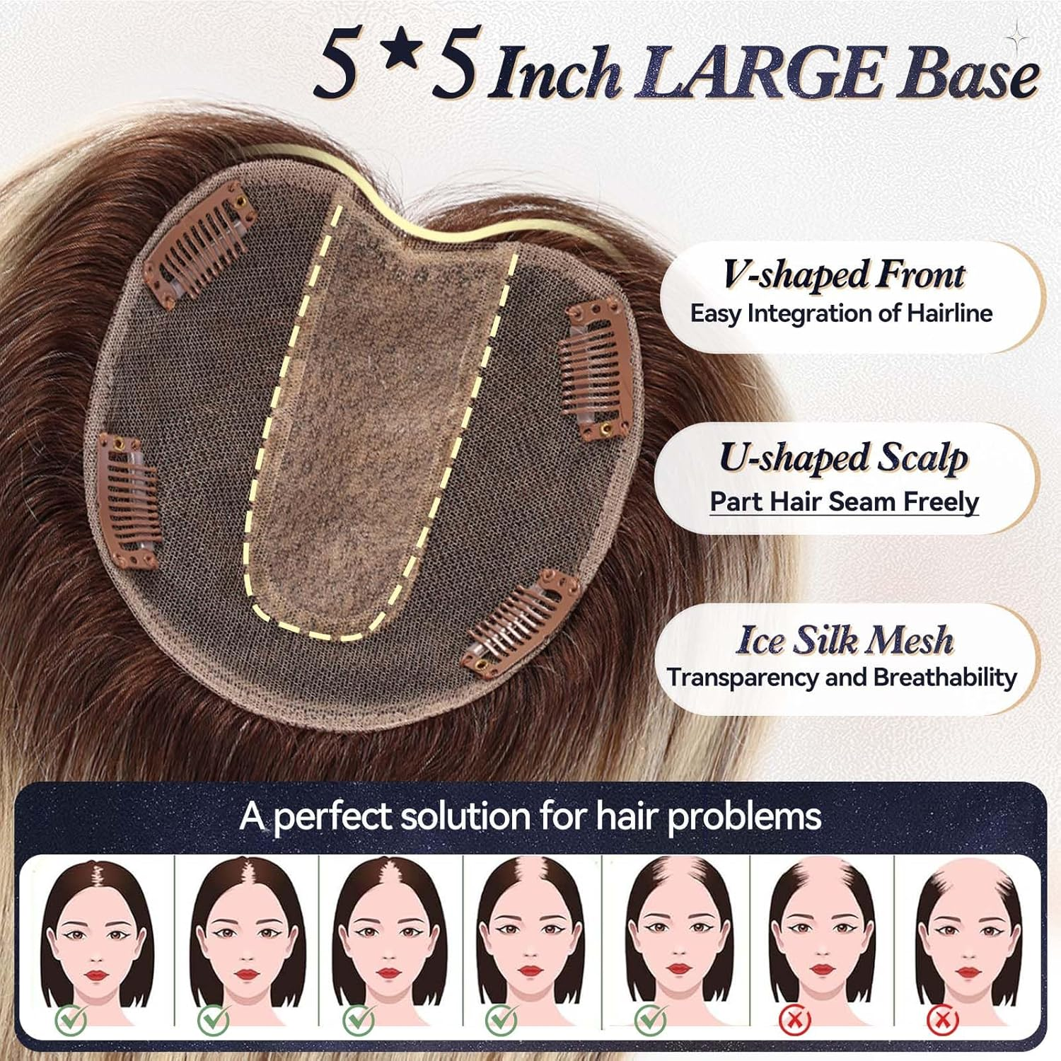5X5 Inch Lage Silk Base 14 Inch Real Human Hair Toppers, 60G, 100% Real Hair Toppers for Women with Hair Loss (Brown Blonde Mixed with Dark Brown Roots, No Bangs) image number 2