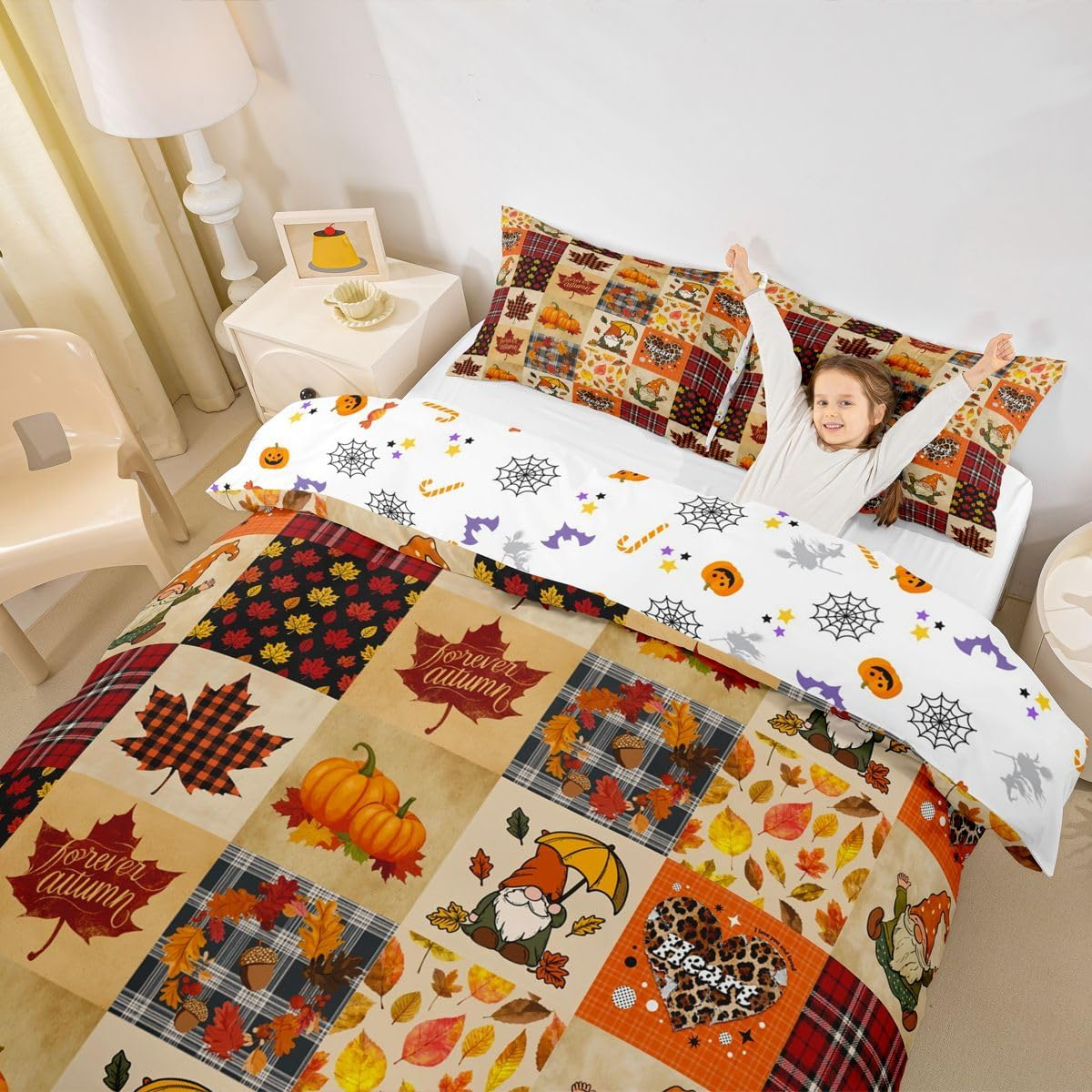 Fall Bedding Set Thanksgiving Day Gifts Duvet Cover for Boys Girls Women Autumn Harvest Comforter Cover Happy Fall Y'All Fall Season Bedspread Cover Geometry Grid Patchwork Bedding Queen Size image number 1