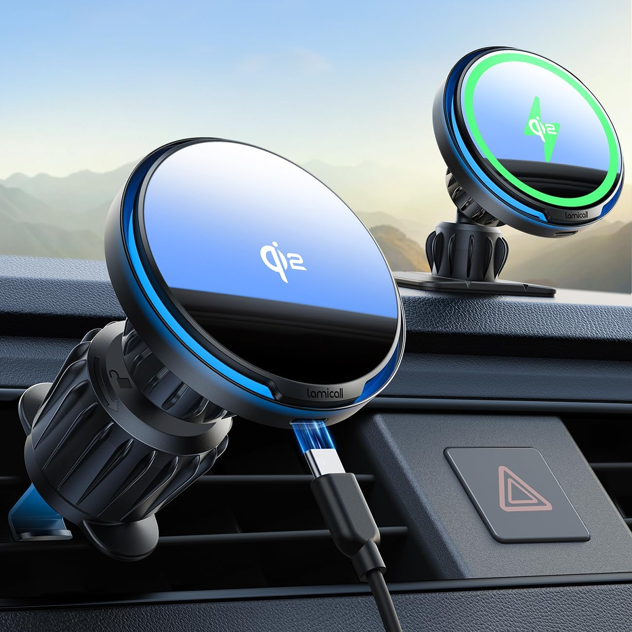 Lamicall 15W for QI2 Safe Mag Car Mount Charger - 【RGB LED】360&deg; Wireless Car Phone Holder Vent Dashboard, Handsfree Magnetic Phone Holder for Car Charging for Iphone 17 Air Pro Max plus 16 15 14 13 12