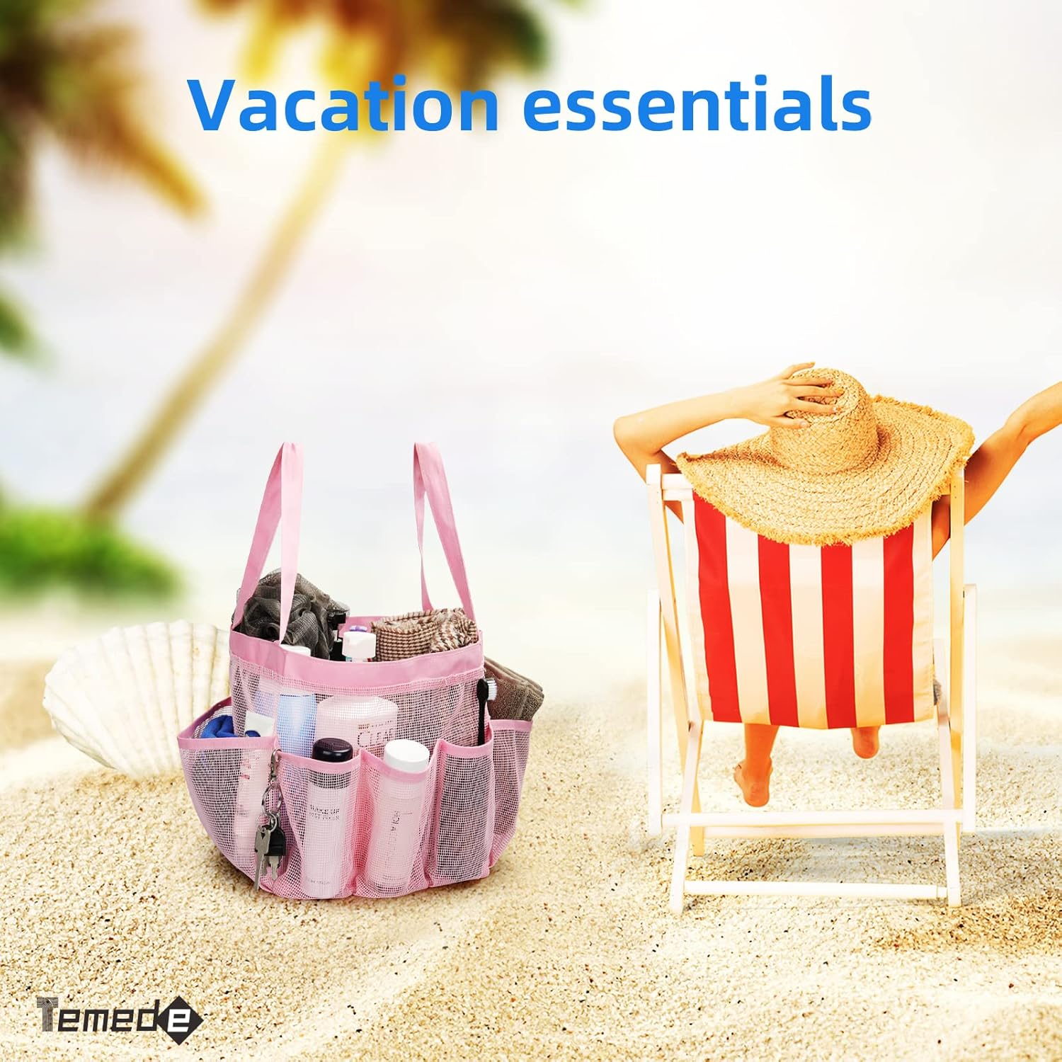 Temede Mesh Shower Caddy Tote, Large Shower Caddy Basket Portable, Quick Dry Hanging Toiletry Bag, 8 Storage Pocket Bath Organizer for College Dorm, Gym, Camp, Travel (Pink) - Blue image number 6