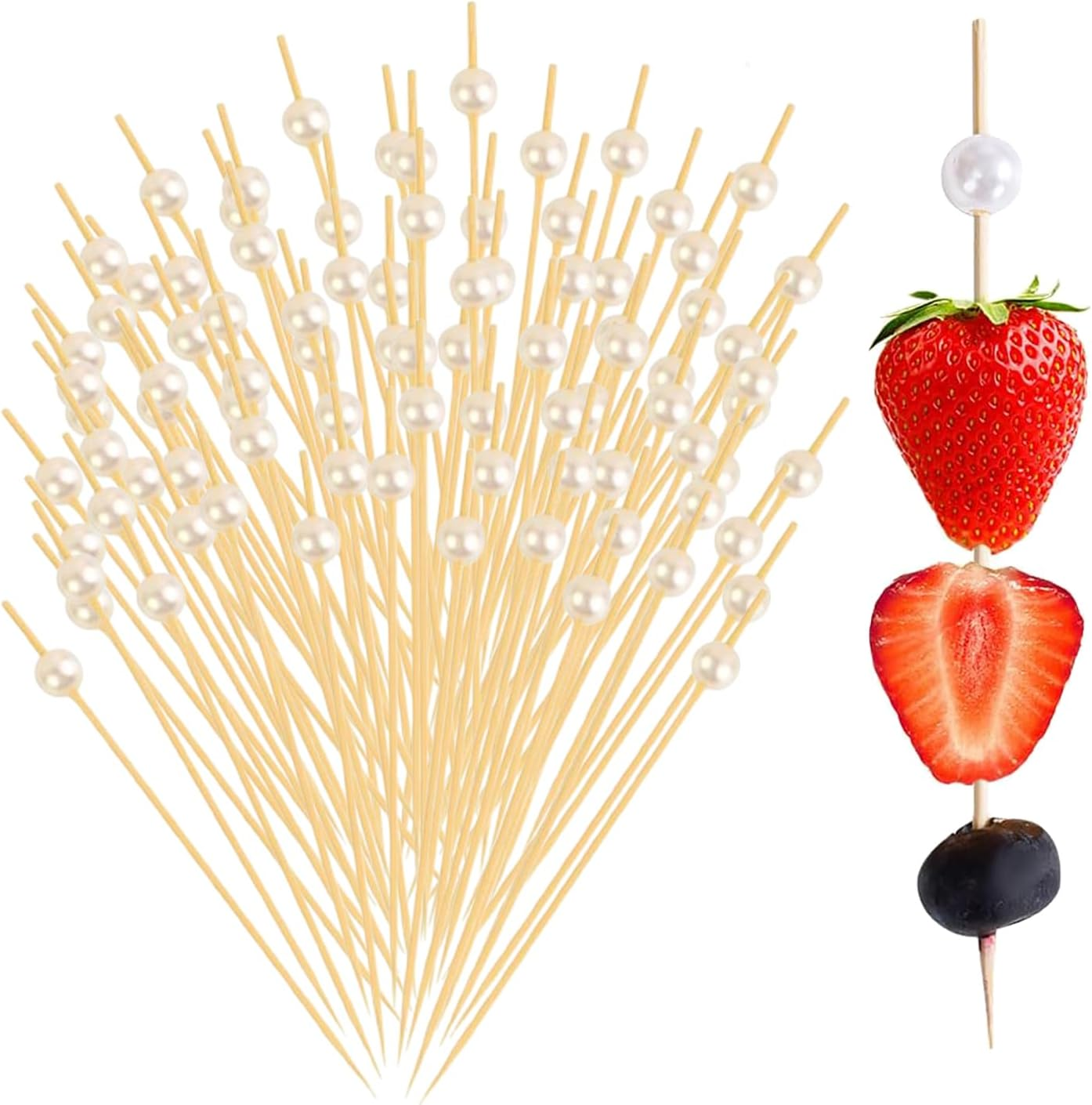 200 PCS Pearl Bamboo Toothpicks for Appetizers and Drinks - 4.7 Inch Long Skewers for Wedding Party Decorations and Charcuterie Accessories