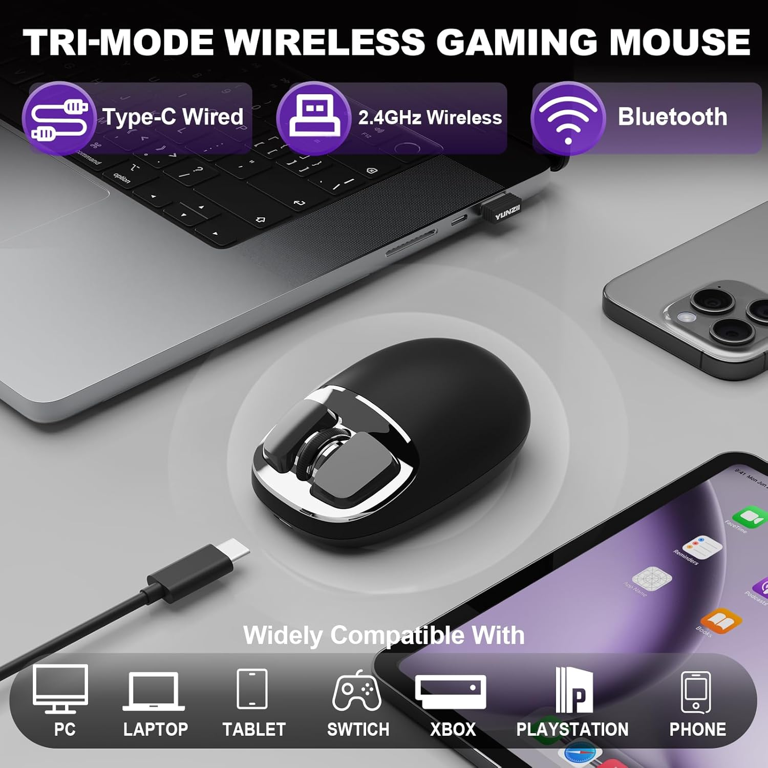 YUNZII C1 Silicone Wireless Mouse, 4800 DPI Optical Tracking, 6 Adjustment Levels, Tri-Mode 2.4G/Usb-C/Bluetooth Mouse, Customize Mice for Laptop, Computer, Ipad, Macbook (Black Silver) image number 1