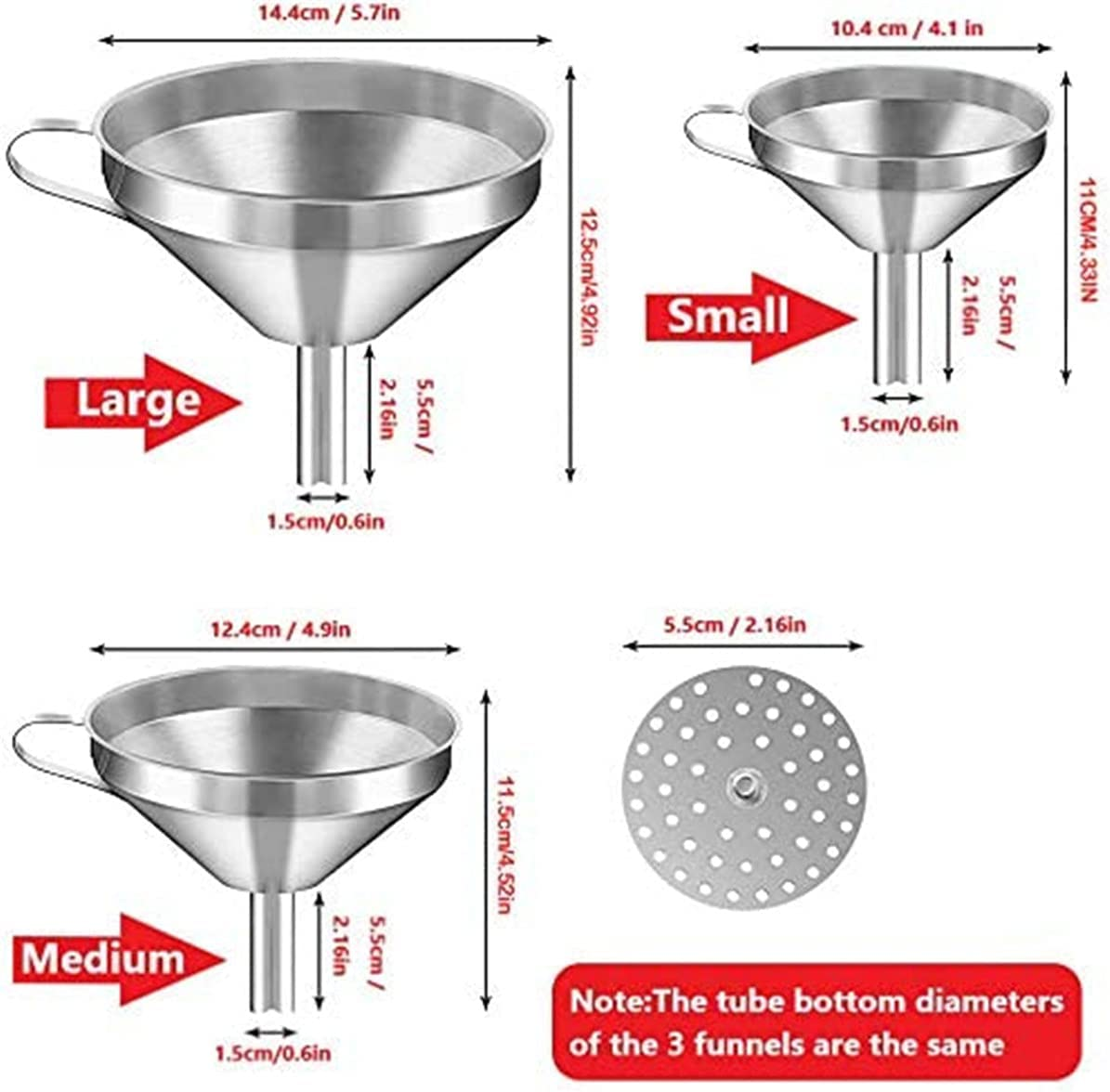 Stainless Steel Strainer Funnel Set, Kitchen Strainer Funnel Filter Set with Removable Strainer for Transferring Liquid, Fluid, Cooking Oil, Jam, Powder (3 Pack) image number 5