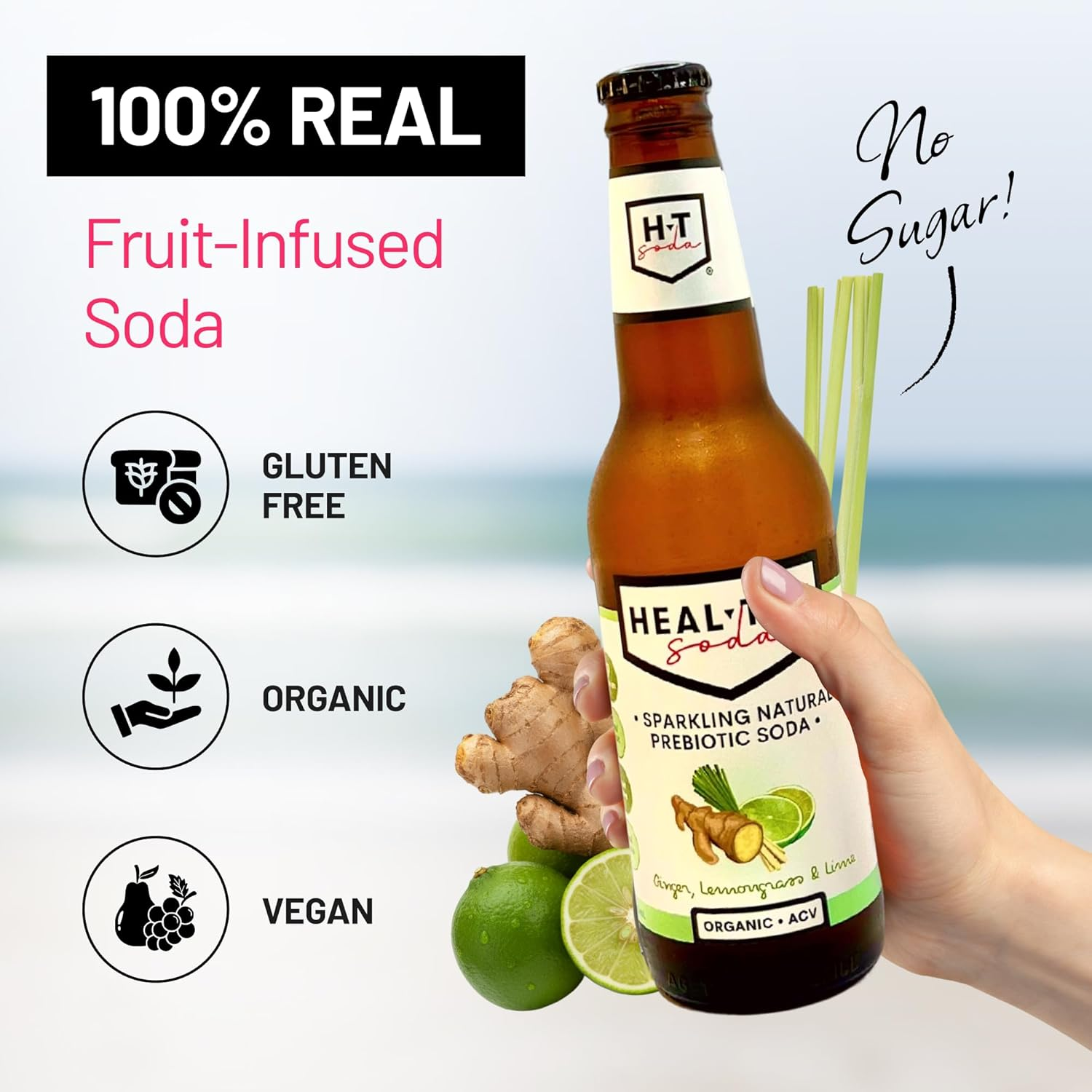 Heal Thy Soda, Ginger Lemongrass & Lime, 12X200Ml &ndash; Naturally Flavoured Sparkling Soda, Zero Sugar, Low Calorie, Infused with Real Fruit & Apple Cider Vinegar Mother, No Artificial Flavours image number 1