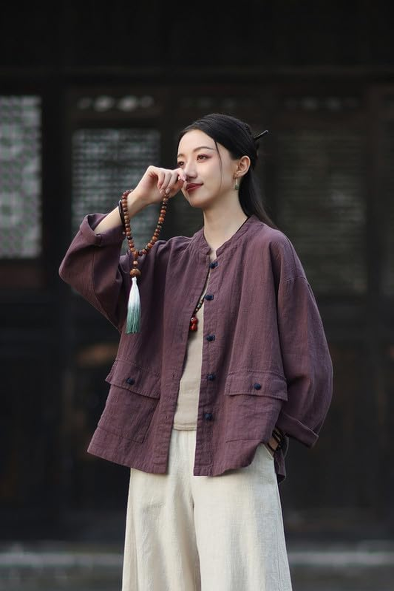 Women'S Vintage Linen Cotton Jacket Chinese Style Button-Down Cardigan Blouse Autumn - Yellow image number 7