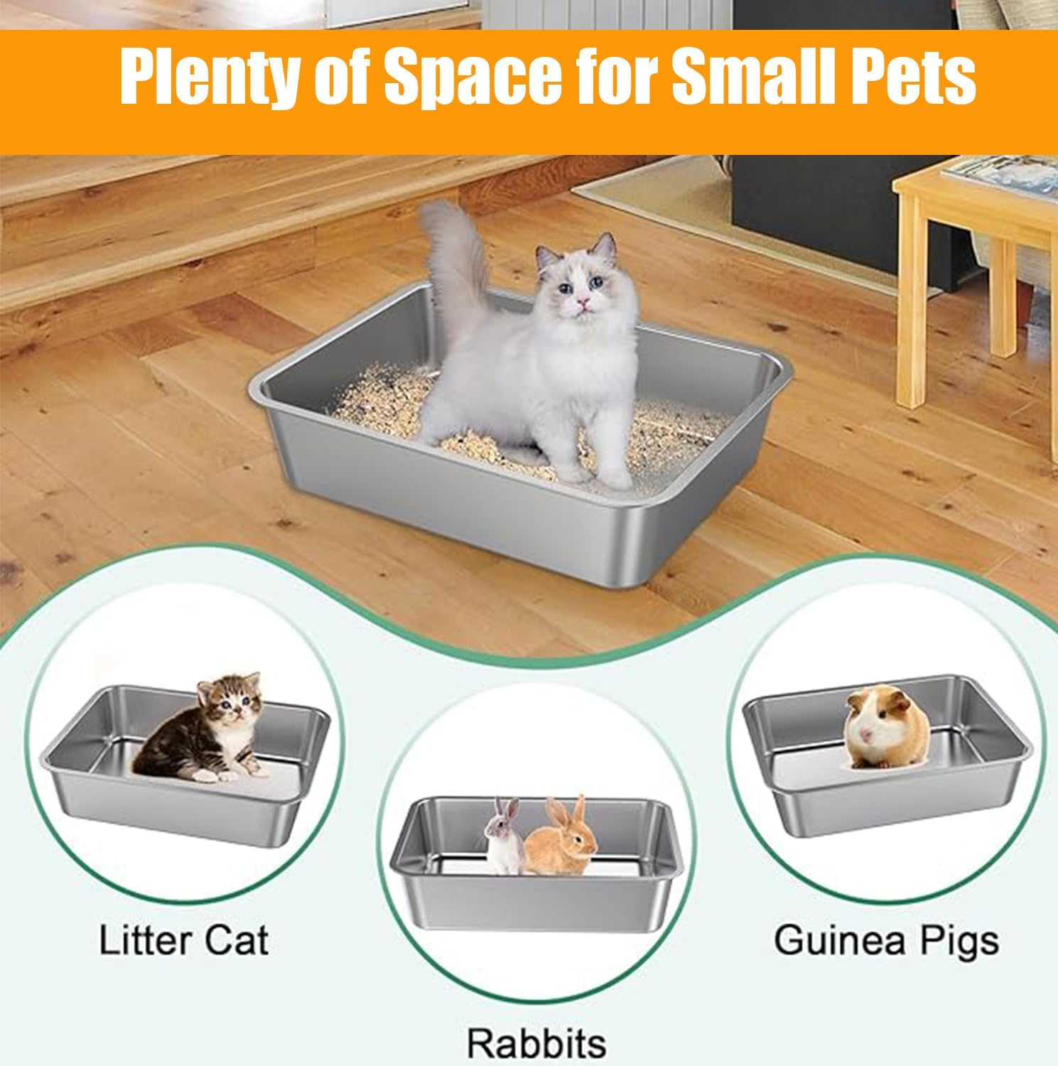 Stainless Steel Cat Litter Box High Side Cats Metal Litter Pan for Cats & Rabbits, Splash - Proof, Non - Stick, Odorless (45X35X15CM) image number 6