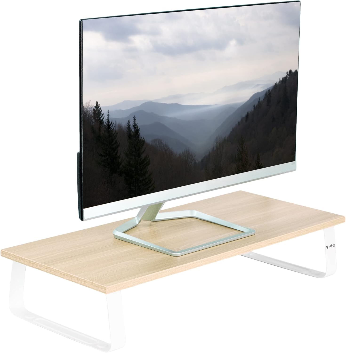 VIVO 24 Inch Monitor Riser, Wood and Steel Desktop Stand, Screen, Keyboard, Laptop, Small TV, Ergonomic Desk and Tabletop Organizer, Light Wood and White, STAND-V000WM image number 6