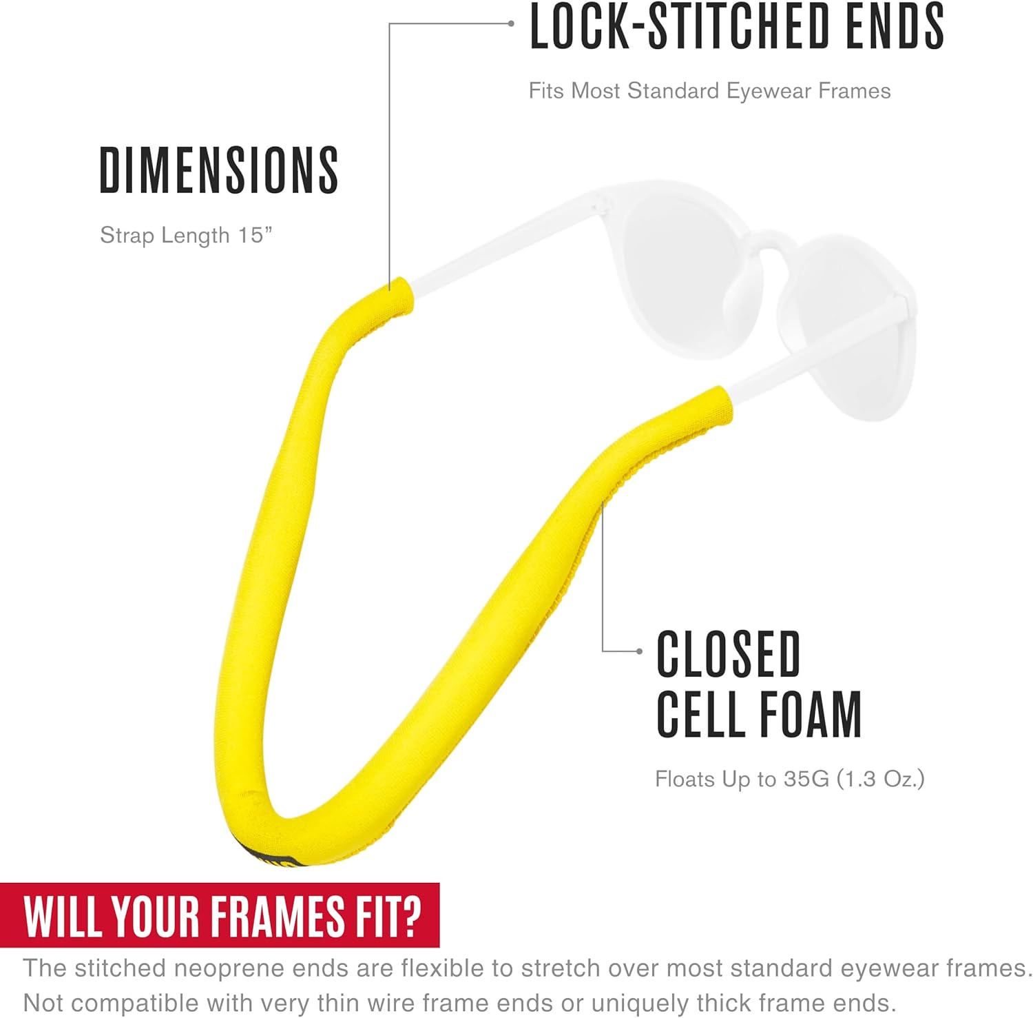 Chums Floating Neo Sunglass Retainer - Universal Fit Neoprene Eyewear Sport Strap - Yellow image number 3