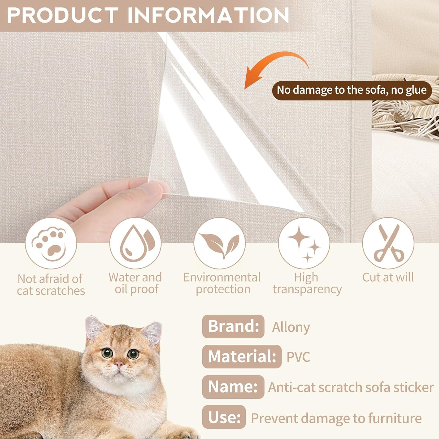 Allony Anti-Scratch Film for Cats, Sofa Scratch Protection Cat, Anti-Scratch Film Cat for Furniture, Sofas, Door Panels and Walls, Cats Scratch Protection with Scraper and Nails image number 2