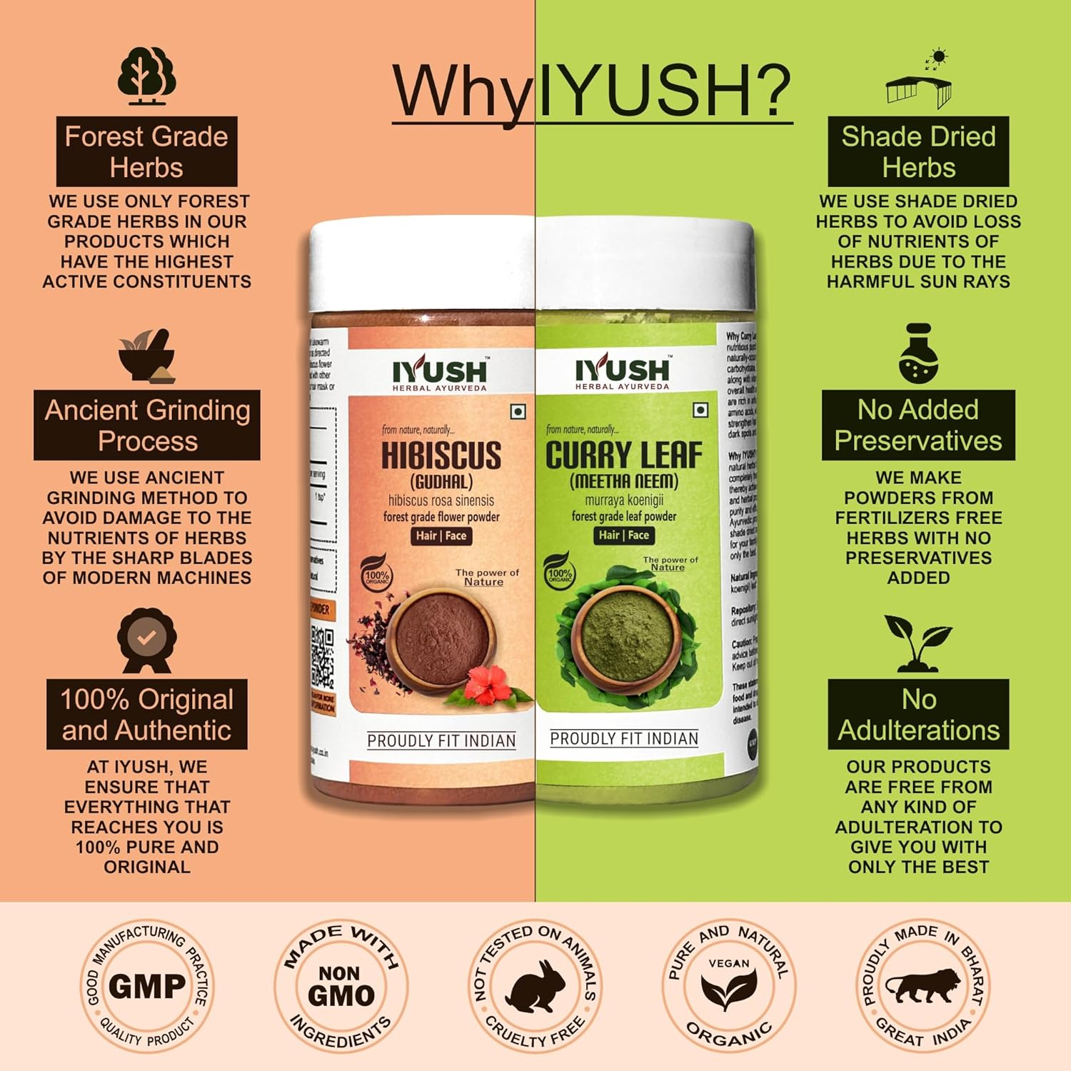 IYUSH Herbal Ayurveda Curry Leaves Powder and Hibiscus Powder for Hair Growth &ndash; 200Gm | Hair Mask for Dry and Frizzy Hair | Hair Mask for Hair Growth | Hair Volume Powder | Hair Powder | 100Gm Each image number 2