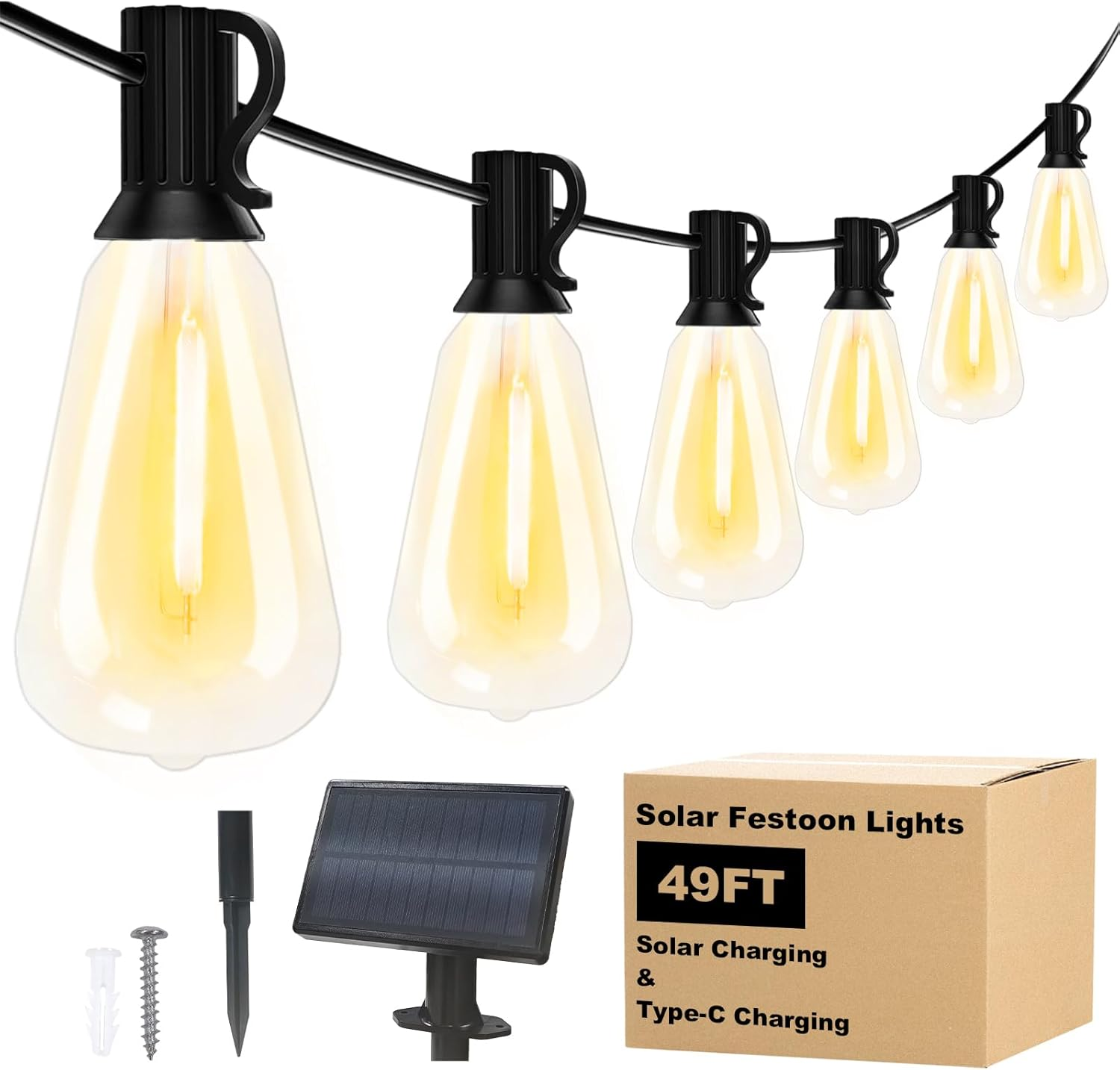 Spacelumen 15M Outdoor Festoon Lights Solar Powered, outside Patio String with 3 Modes & 17+1 ST38 Edison Bulbs Shatterproof, Solar String Lights Outdoor Garden for outside Garden Backyard