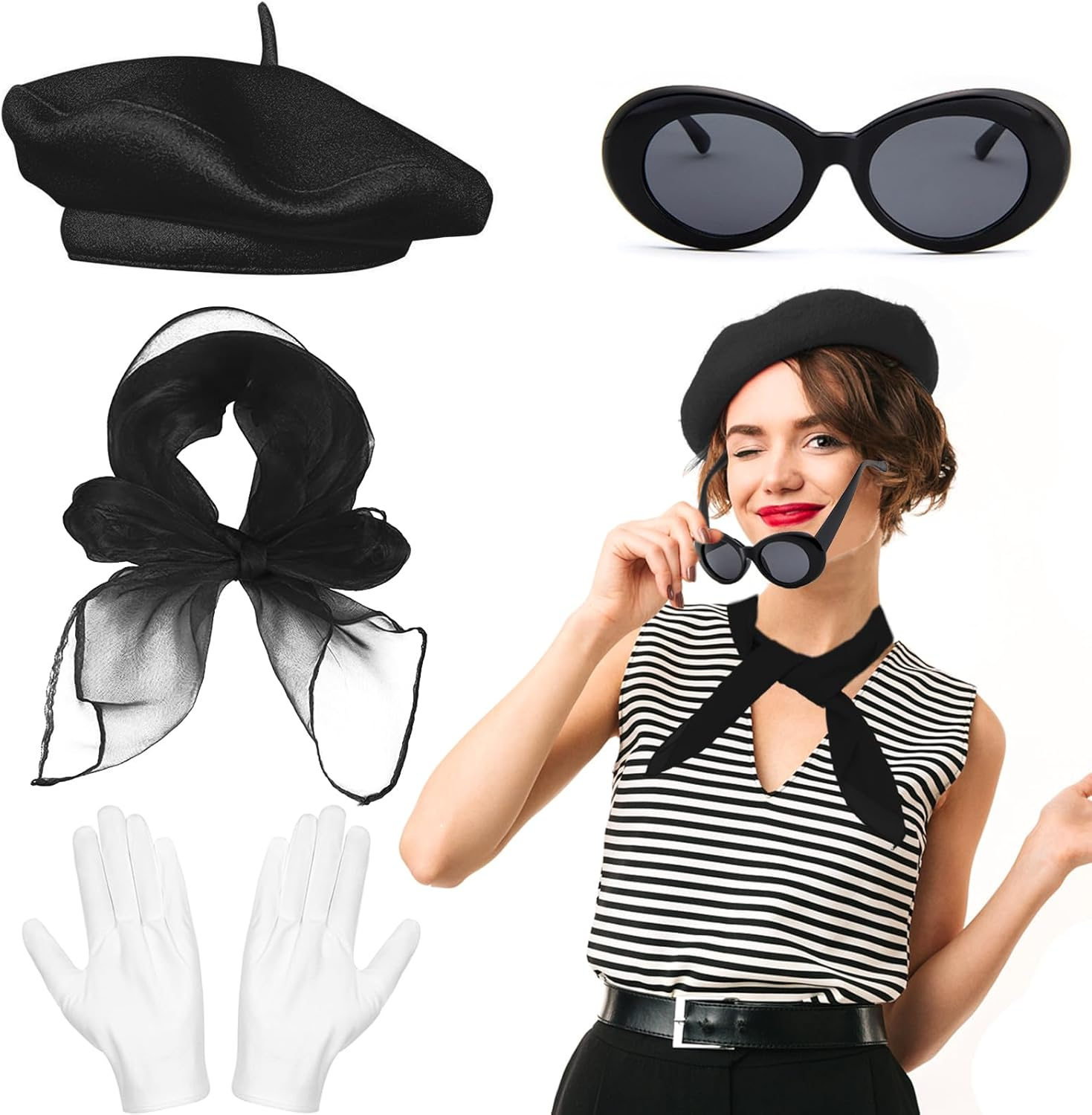 French Women Fancy Dress Costume Accessories Set French Artist Mime Kit with Red Beret Scarf Sunglasses Gloves for Women Girls Cosplay Party Supplies School Dress up Day image number 4