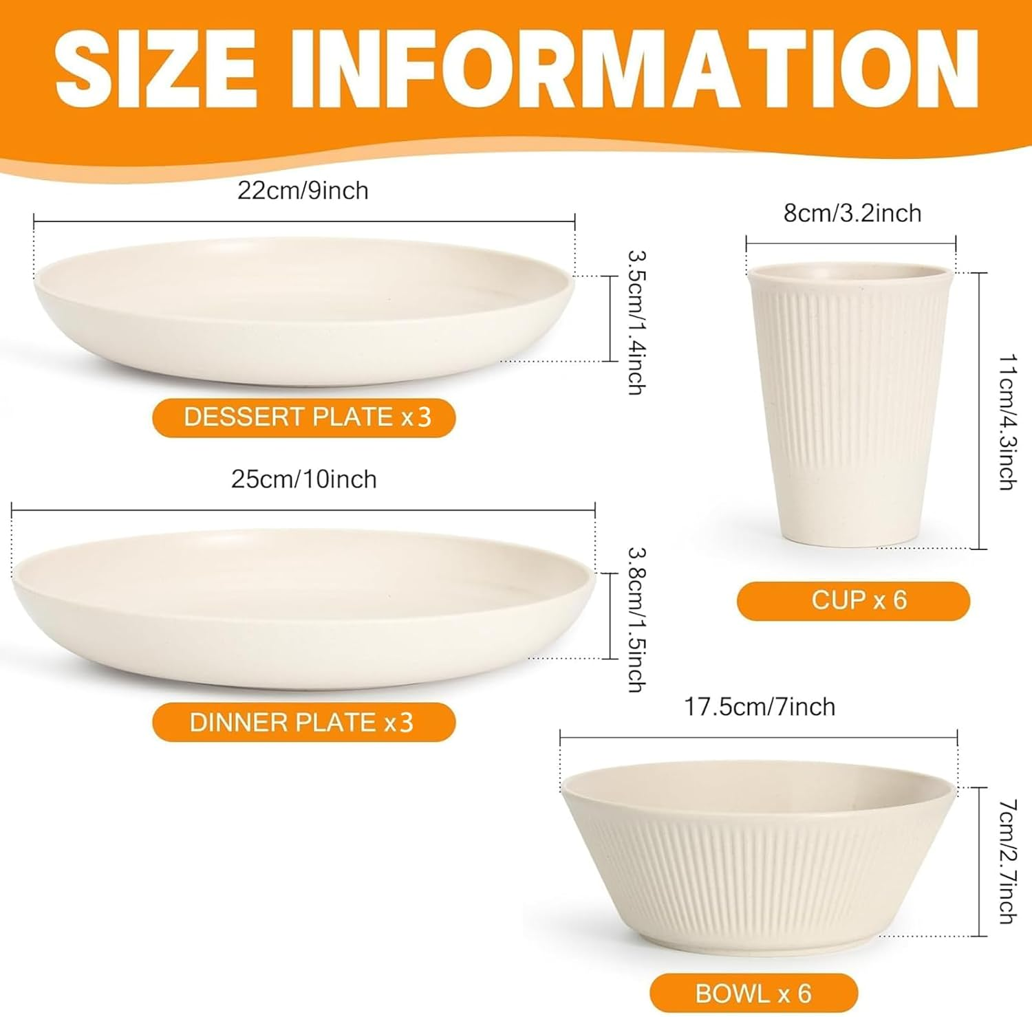 18Pcs Wheat Straw Dinnerware Sets, KELIOO Kids Plastic Plates and Bowls Cups Set, Unbreakable Reusable Dinnerware Microwave Safe Dishes Set for Kitchen, Dorm, Camping, RV, Picnic (Beige) image number 5