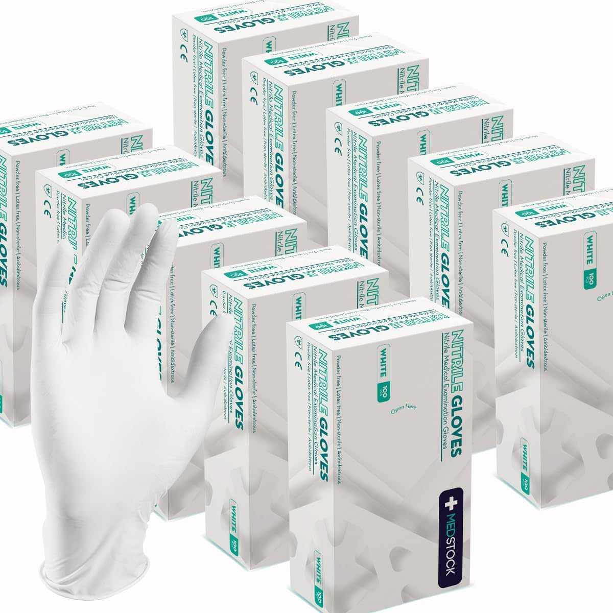 MEDSTOCK White Nitrile Gloves - Medical Examination, Powder/Latex-Free, Non-Sterile, Disposable, Reduces Cross Contamination, Ambidextrous, image number 1