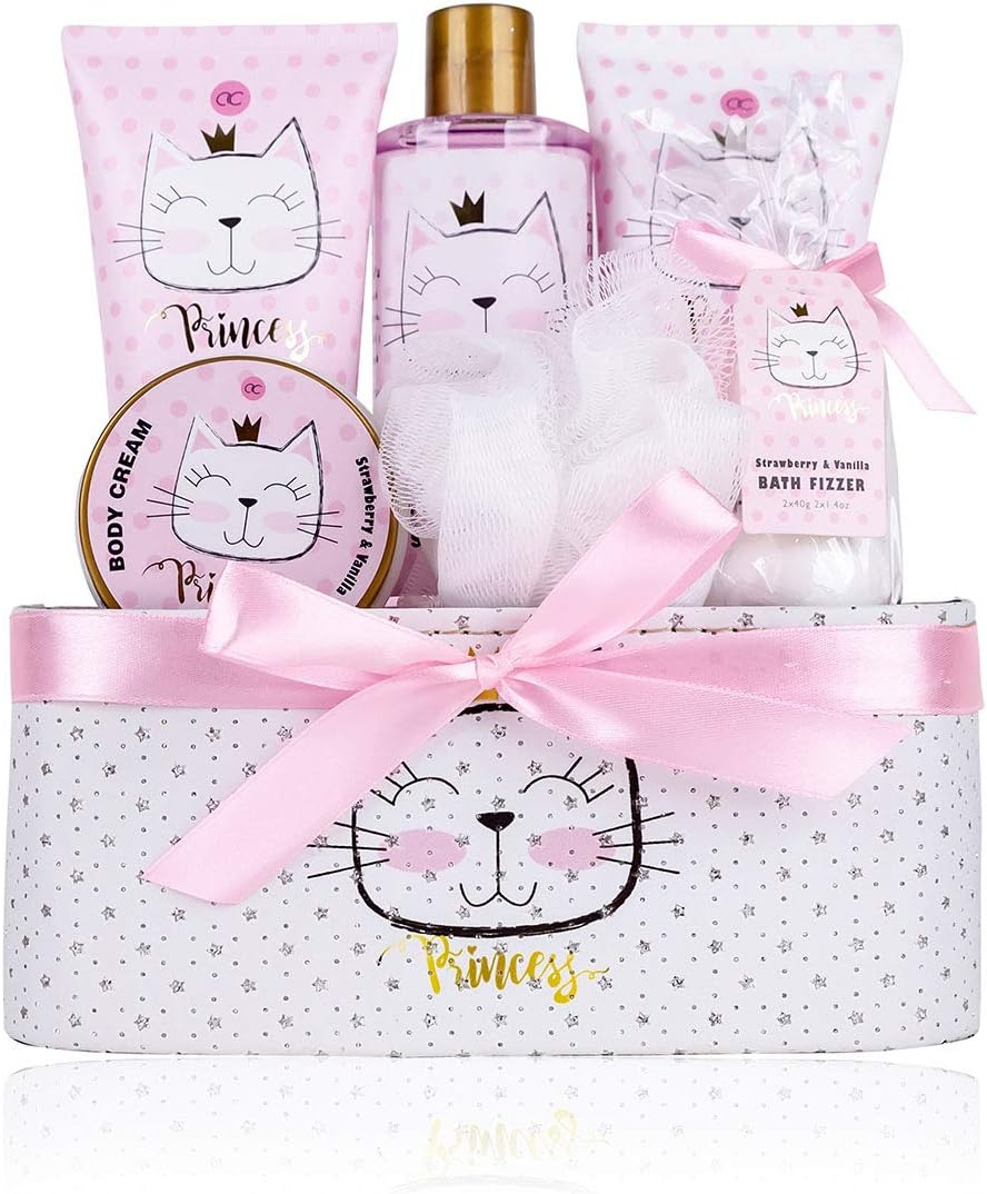 Accentra Princess Kitty Gift Set for Girls & Women - 7 Piece Shower Set with Bubble Bath, Exfoliating, Shower Gel, Body Lotion & More - Strawberry & Vanilla Fragrance in Sweet Gift Box image number 1