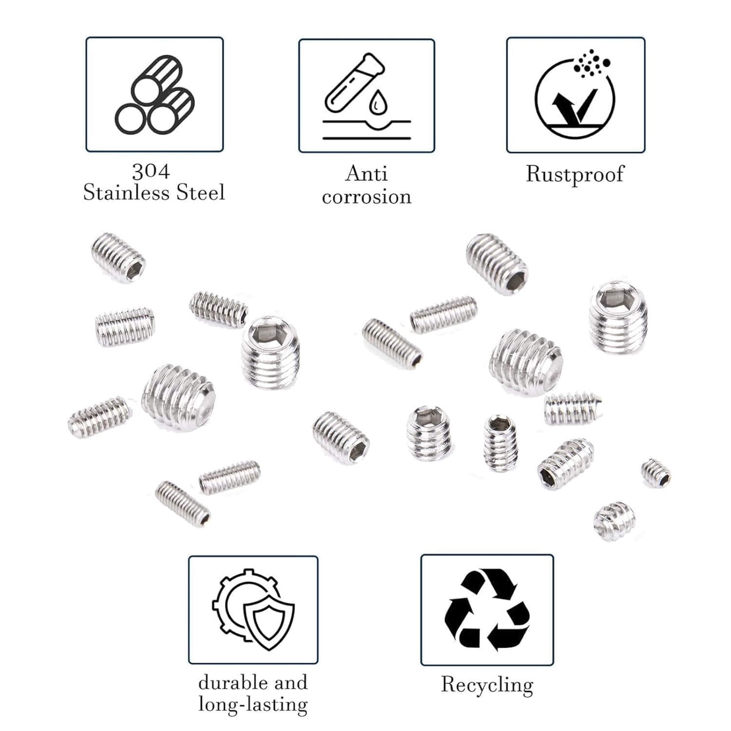 Ymaiss 380Pcs 304 Stainless Steel Hex Allen Head Socket Set Screws Grub Screw Bolts Assortment Kit Internal Hex Drive Cup-Point Set Screws 5 Sizes M3 M4 M5 M6 M8