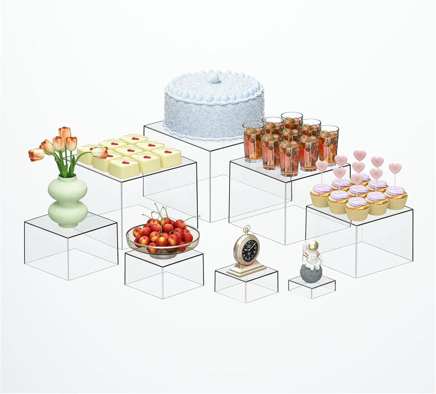 8 Pack White Acrylic Boxes for Display as Buffet Risers and Stands, Food Risers for Party, Table, Cupcake, Candy, Brunch, Jewelry, Decor (White)