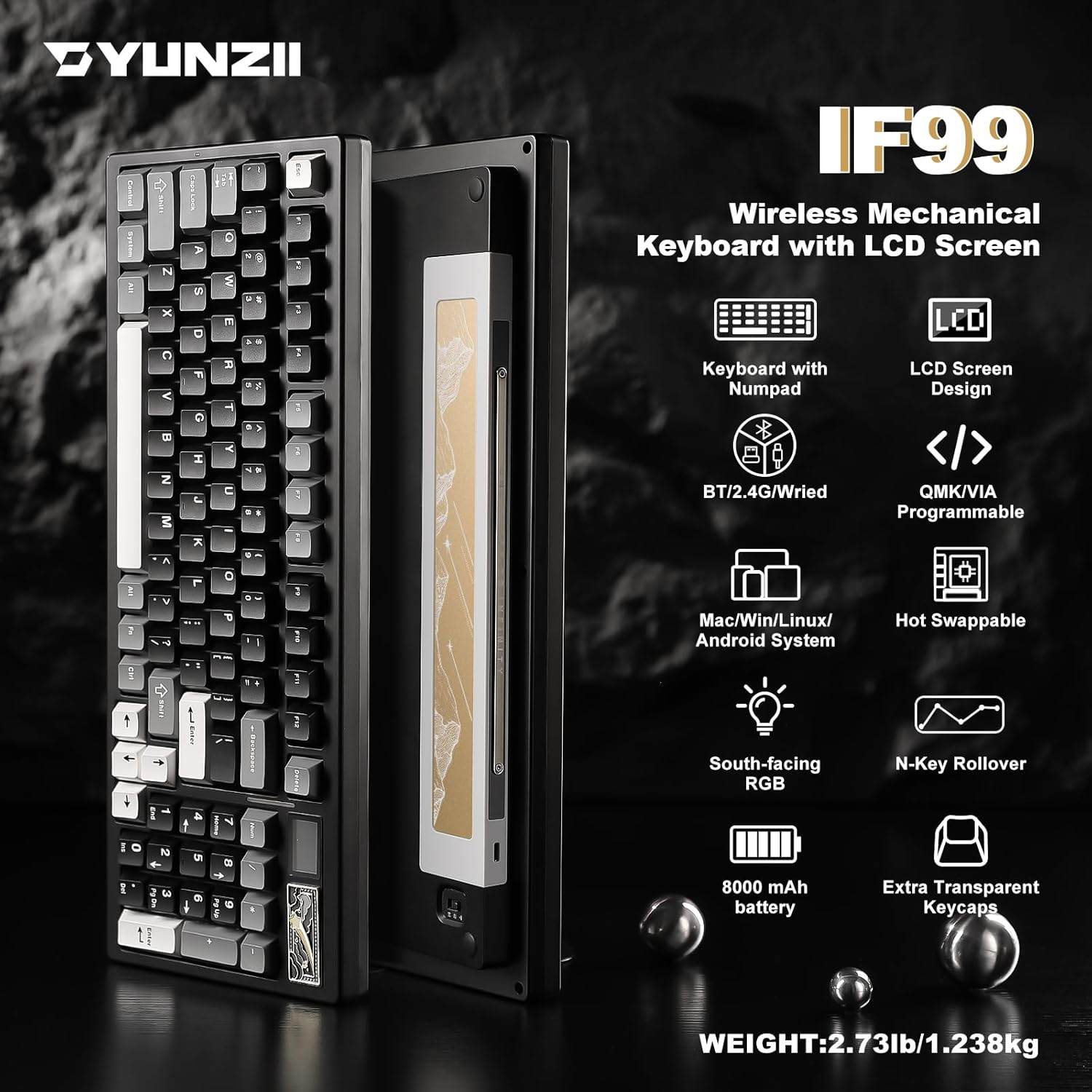 YUNZII IF99 Wireless Mechanical Gaming Keyboard with Smart ICD Display, QMK/VIA Programmable BT/2.4G/USB-C Gasket Mounted Hot Swap RGB 96% Layout for Mac/Win (Black, Zero Linear Switch) image number 2