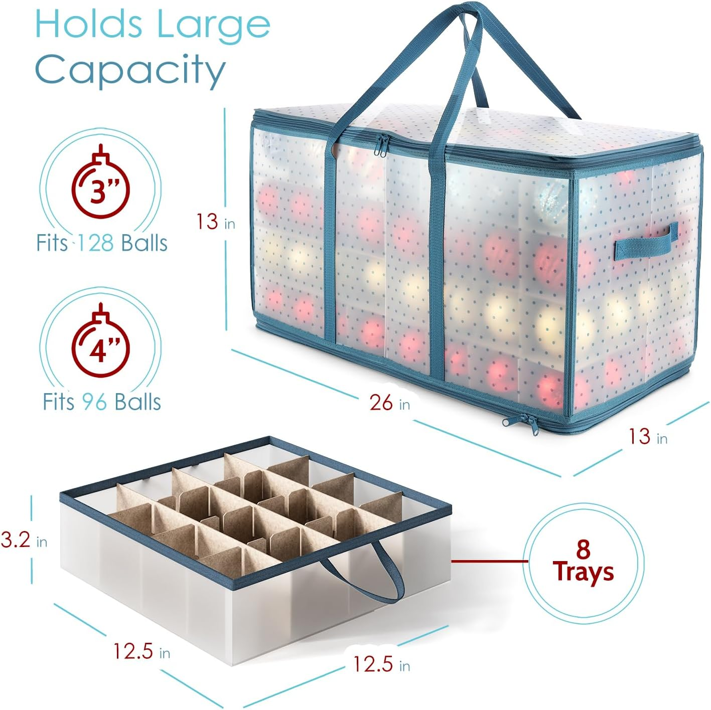 Hearth & Harbor Large Christmas Ornament Storage Box with Adjustable Dividers - Plastic Ornament Storage Container for 128 Holiday Ornaments or Decorations image number 4