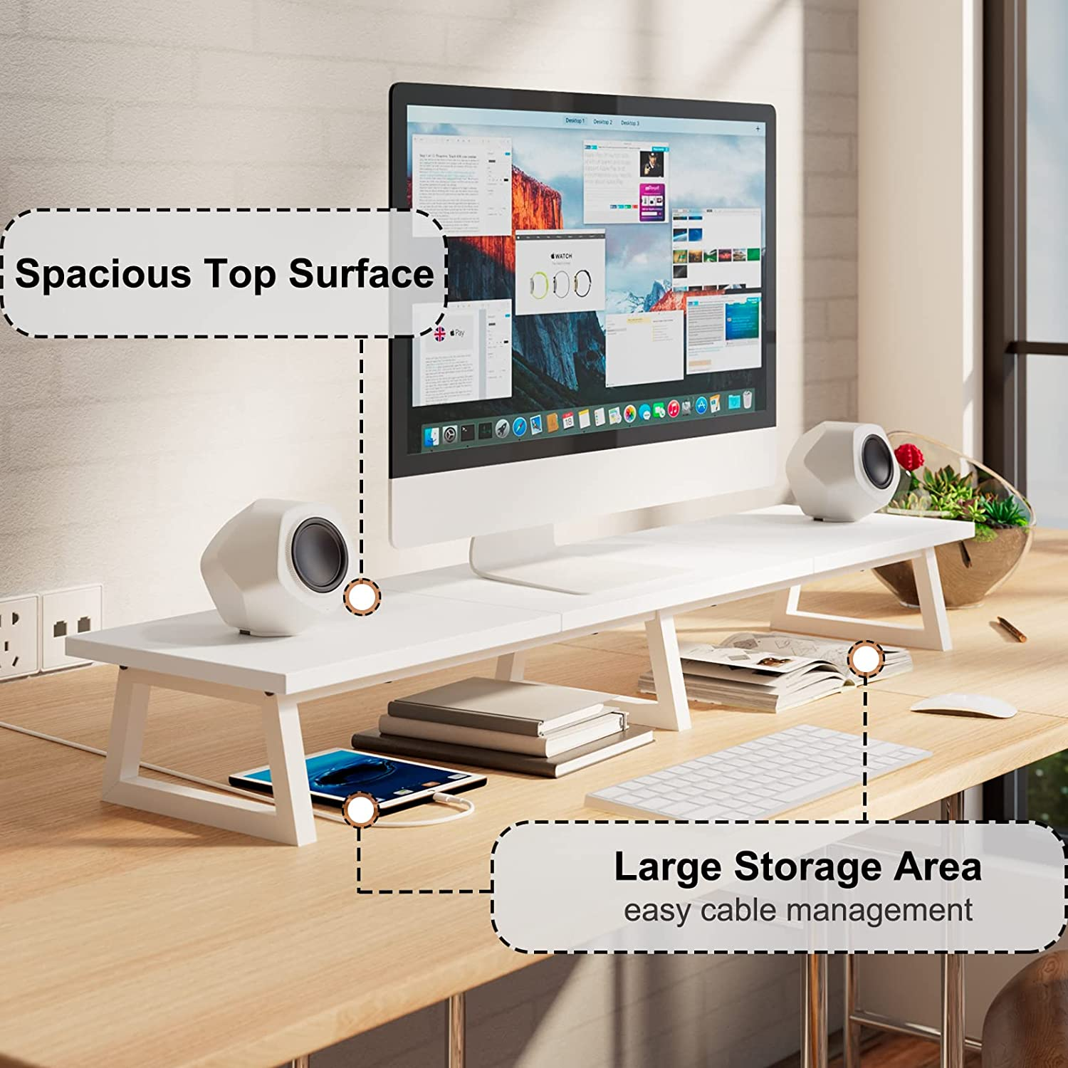 TEAMIX White Dual Monitor Riser for 2 Monitors-42Inch, Wood Desktop Dual Stand with Metal Legs, Long Screen/Pc/Laptop Storage,Computer Shelf TV Holder Home Office (White) image number 1