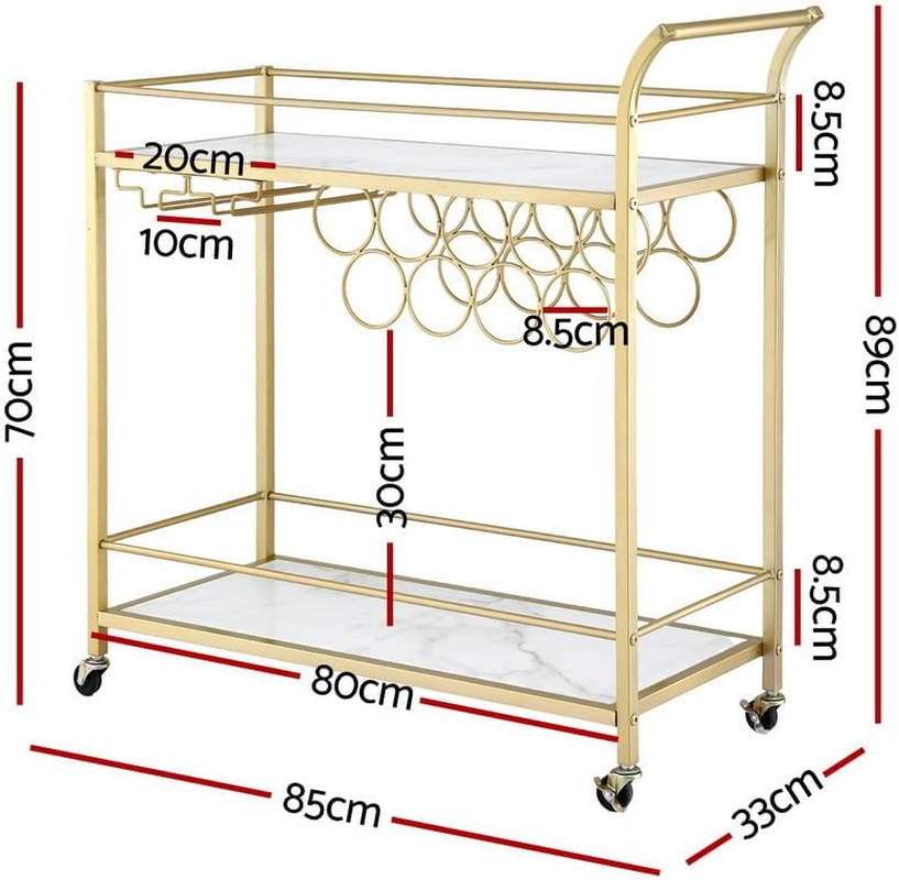 Artiss Bar Cart Drinks Trolley with Marble Effect Shelves, 2-Tier 85Cm Home Serving Cart with Wine Rack Glass Holders - 2 Lockable Wheels Perfect for Kitchen, Living Room, Outdoor, Curved Handle, Gold image number 3
