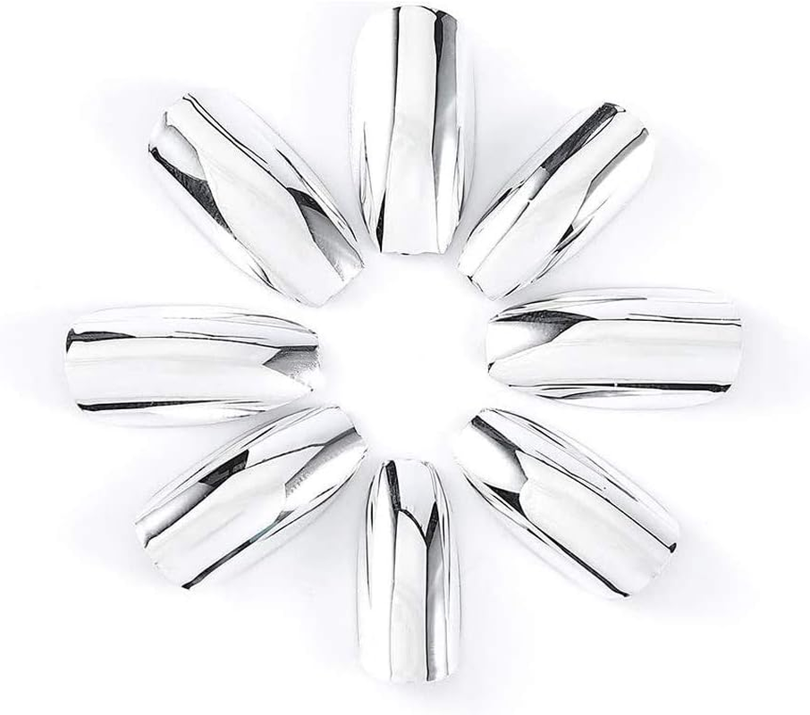24 Pcs False Nails Tips Silver Long Fake Nail for Women and Girls Art Artificial Extension image number 1