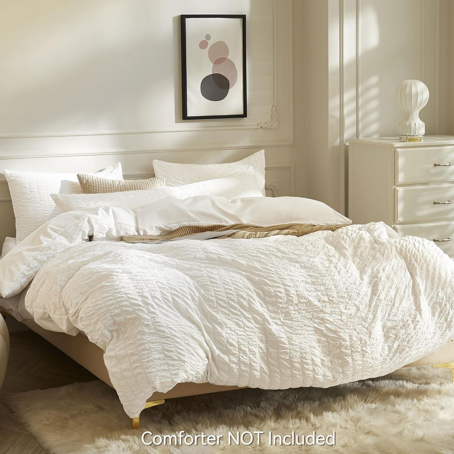 JELLYMONI White Duvet Cover Queen Size, 3Pcs Washed Microfiber Bedding Set, Soft Breathable Seersucker Duvet Cover Set with Zipper Closure and Corner Ties for All Seasons image number 5