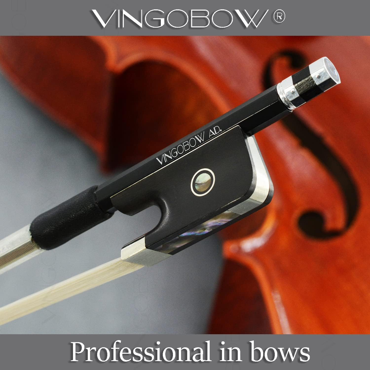 Carbon Fiber Cello Bow Half 1/2 Size VINGOBOW 100C 2/4 Advanced Level Parisian Eyes Ebony Frog Unbleached Mongolian Horse Hair Pernambuco Performance Powerful and Wild Tone image number 3
