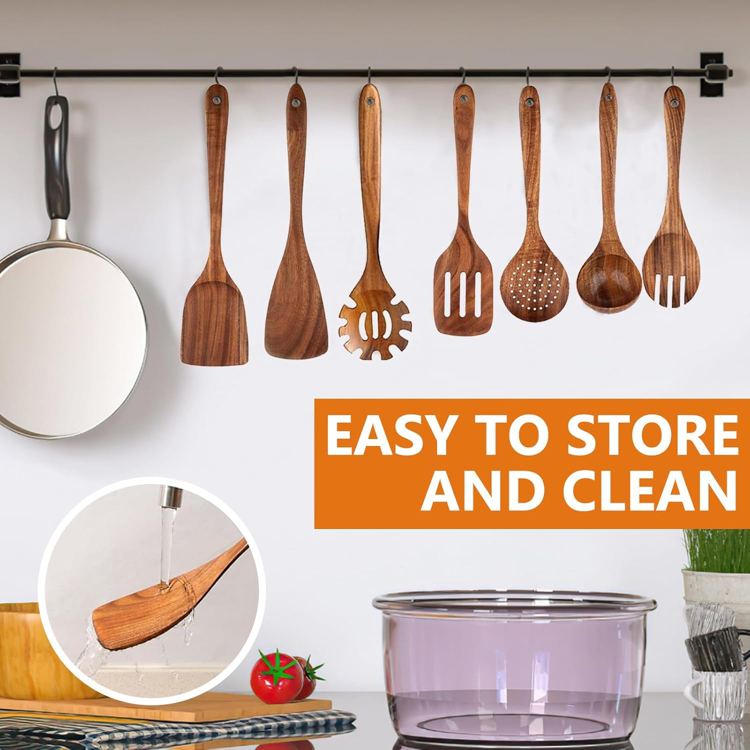 CATZONS Wooden Spoons for Cooking, Teak Wooden Kitchen Utensil Set - with Holder & Spoon Rest, Smooth Finish Comfort Grip Teak Wooden Spatula Set, 7 PCS Set image number 6