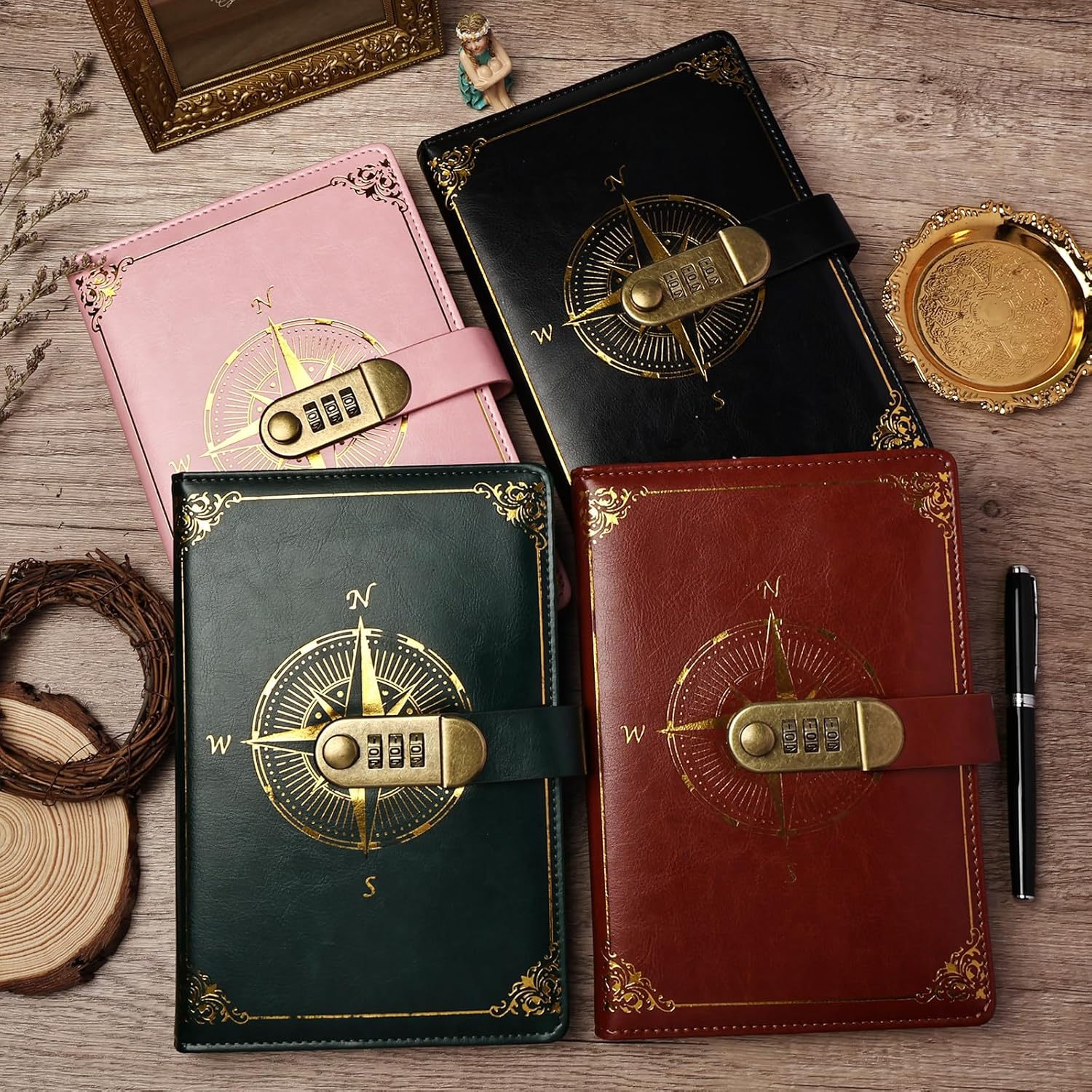 Literary Vintage Leather Notebook with Lock, Embossed Pattern Compass Diary for Writing, A5 Notebook with Lined Paper for Women & Men image number 1