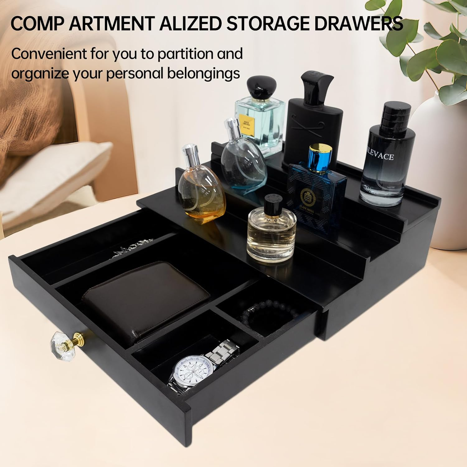 Cologne Organizer for Men, 3 Tier Mens Perfume Stand with Drawer Cologne Tray - Wooden Cologne Stand Perfume Dresser Organizer Display Risers Great Gift Choice for Men-Black image number 2