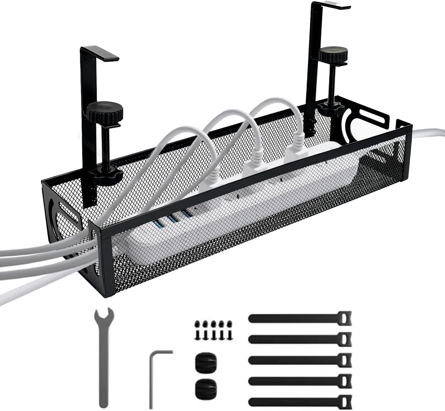 Under Desk Cable Management Tray No Drill, Metal Mesh with Clamp Mount, 2 Hole Wire and Cord Organizer for Home Office Standing Desk, Black image number 3