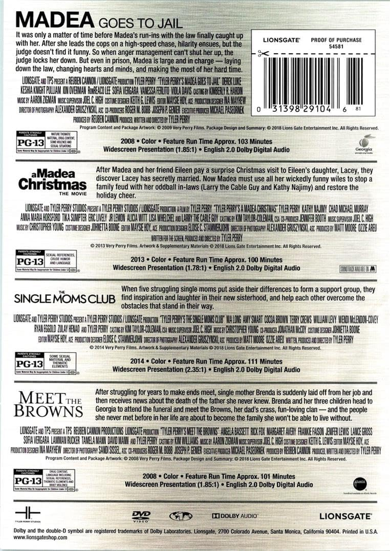 Tyler Perry 4 Film Collection DVD - Madea Goes to Jail / a Madea Christmas / Single Moms Club / Meet the Browns - New Movies Set image number 1