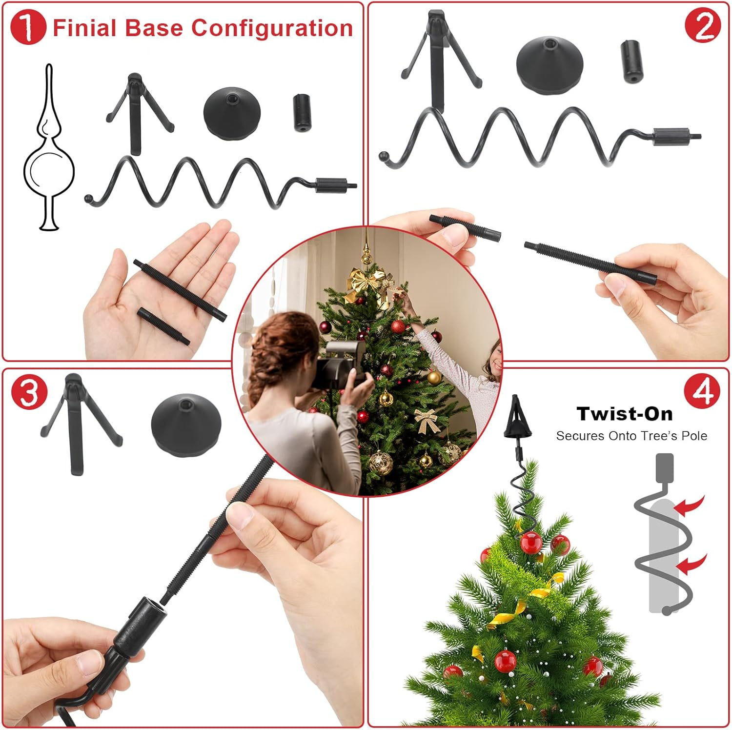 Christmas Tree Topper Holder - Universal Twist-On Stabilizer and Adapter for Floral Toppers - Adjustable Plastic Support Spiral with Attachment (Black) - Green image number 2