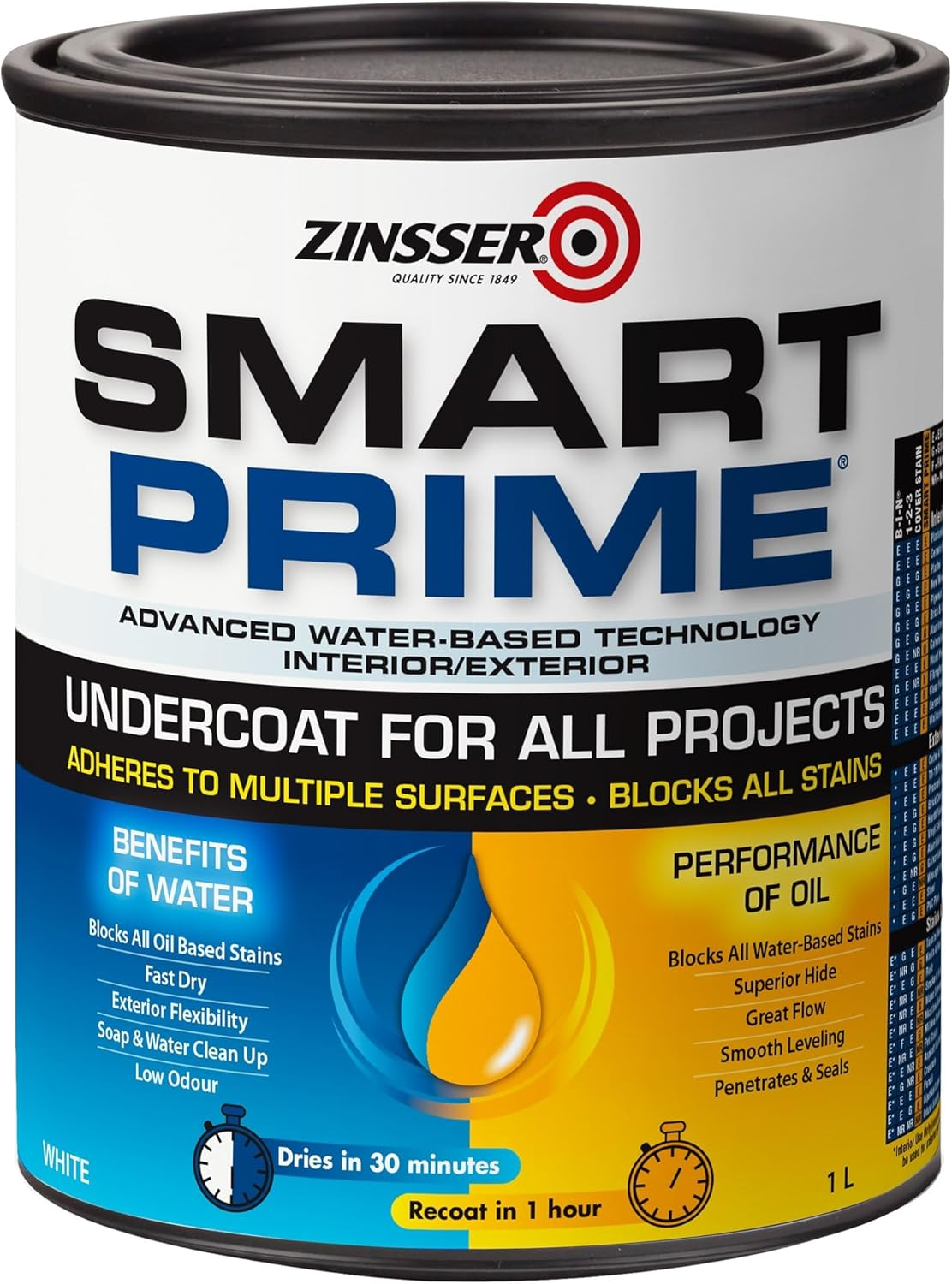 Zinsser Smart Prime Interior & Exterior Primer | Low VOC, Water-Based, Oil-Like Performance | Stain Blocking, Mould Resistant | Ideal for Walls, Trim, Ceilings, and More, White, 1 Litre image number 2