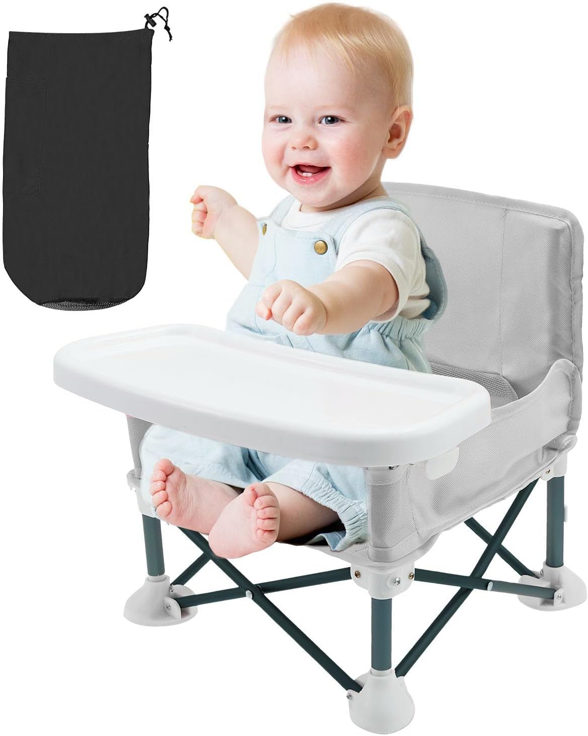 Baby Booster Seat Highchair, Portable Toddler Booster Seat High Chair with Child Safety Belt and Rear Storage Pocket Foldable Baby Floor Seat with Removable Feeding Tray for Indoor and Outdoor Use (Pink)