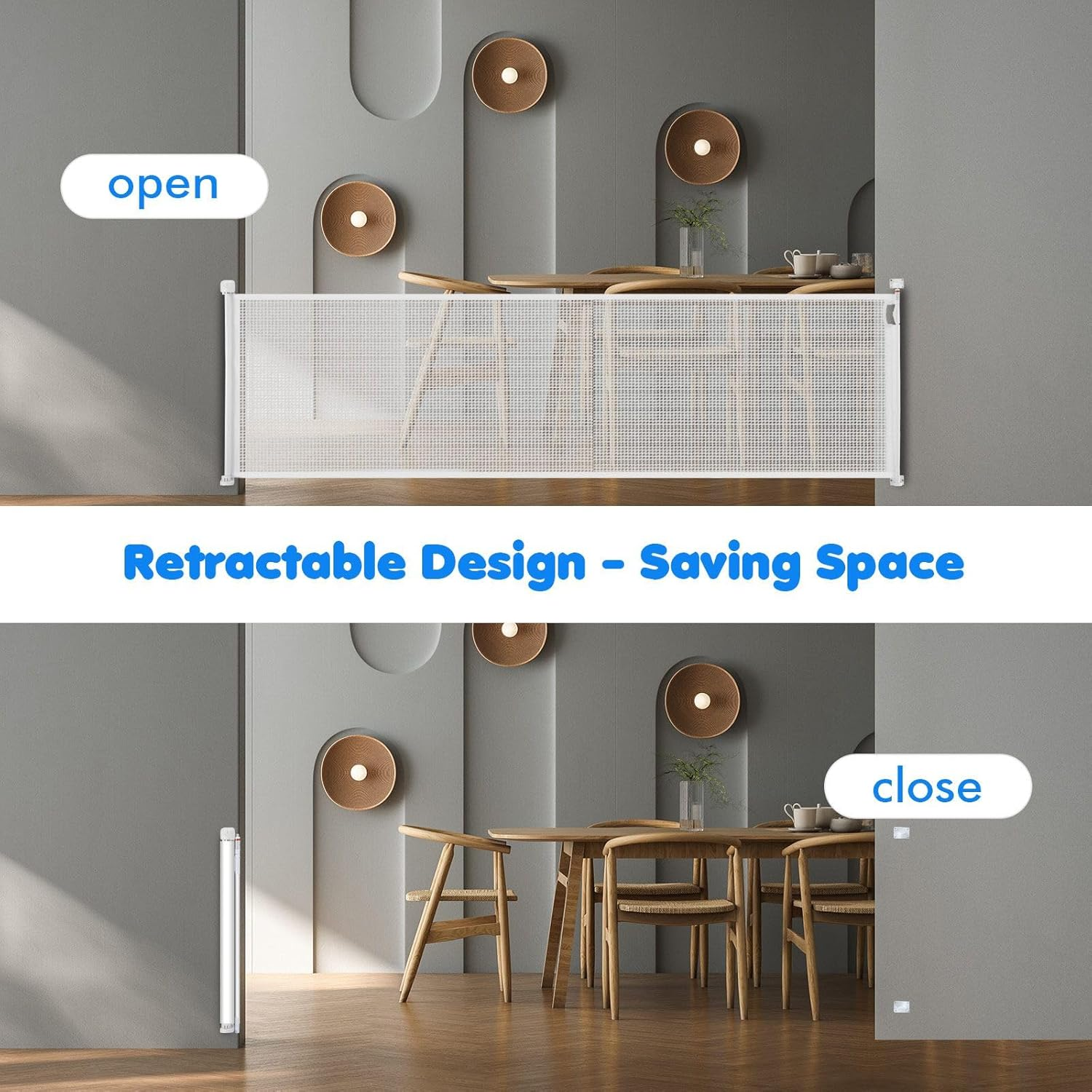 Pet Scene Retractable Safety Gate Extends to 350CM, 93CM Tall Baby Gate Enclosure Fence Safe Guard Barrier for Stairs Doorway Security Mesh Fencing Barrier for Pets & Childs, White image number 3