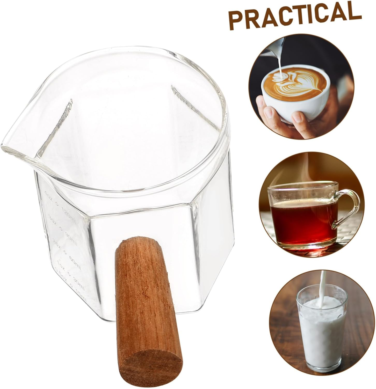 BATHVEVE Glass Espresso Measuring Cup with Heat-Resistant Wooden Handle Transparent Milk Pitcher with Scale for Precise Coffee Pouring and Consistent Brewing at Home Coffee Bar Random Color image number 3