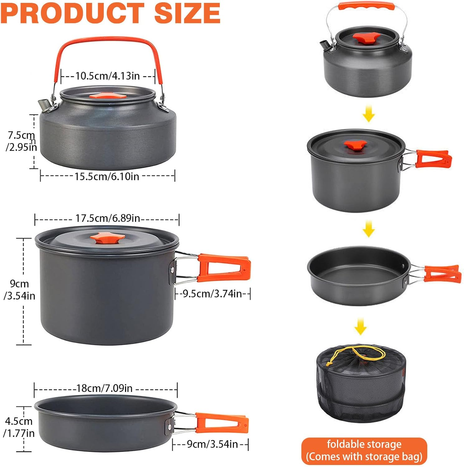 Eqiech Camping Cookware Set,Camping Pots and Pans Set,Lightweight Foldable Pot, Frying Pan, and Kettle,For Backpacking, Outdoor Camping Hiking and Picnic