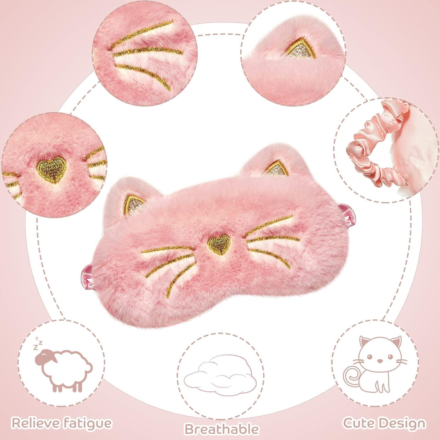 Kids Sleep Eye Mask - Plush Animal Sleeping Eye Cover, 3 Pcs Soft Funny Blindfold, White, Pink, Rainbow, Cat Style image number 6